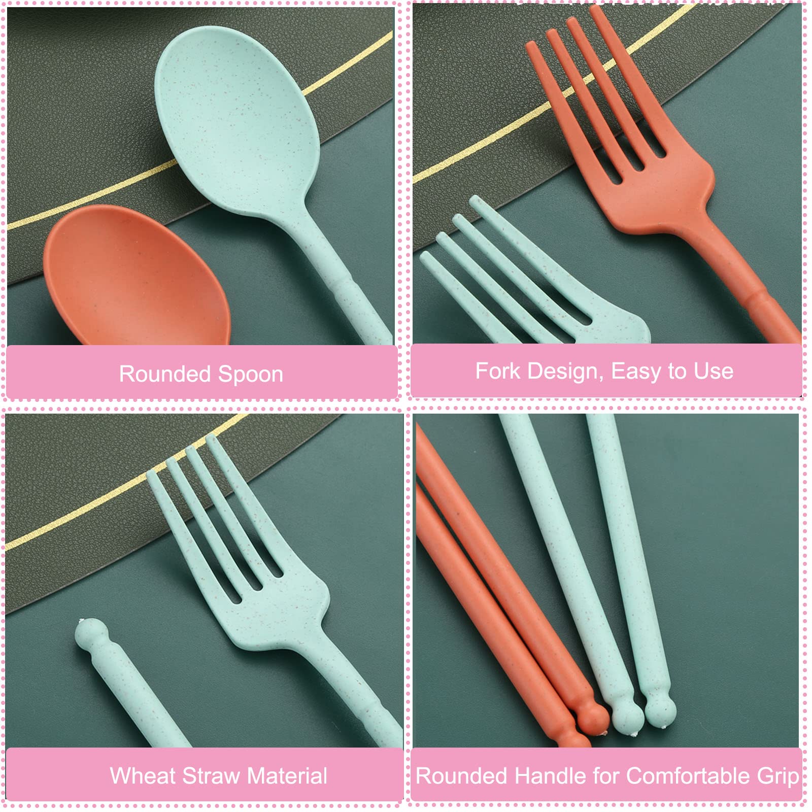 8 Colors Portable Utensils Sets with Case, Wheat Straw Cutlery Set, Reusable Travel Flatware Set