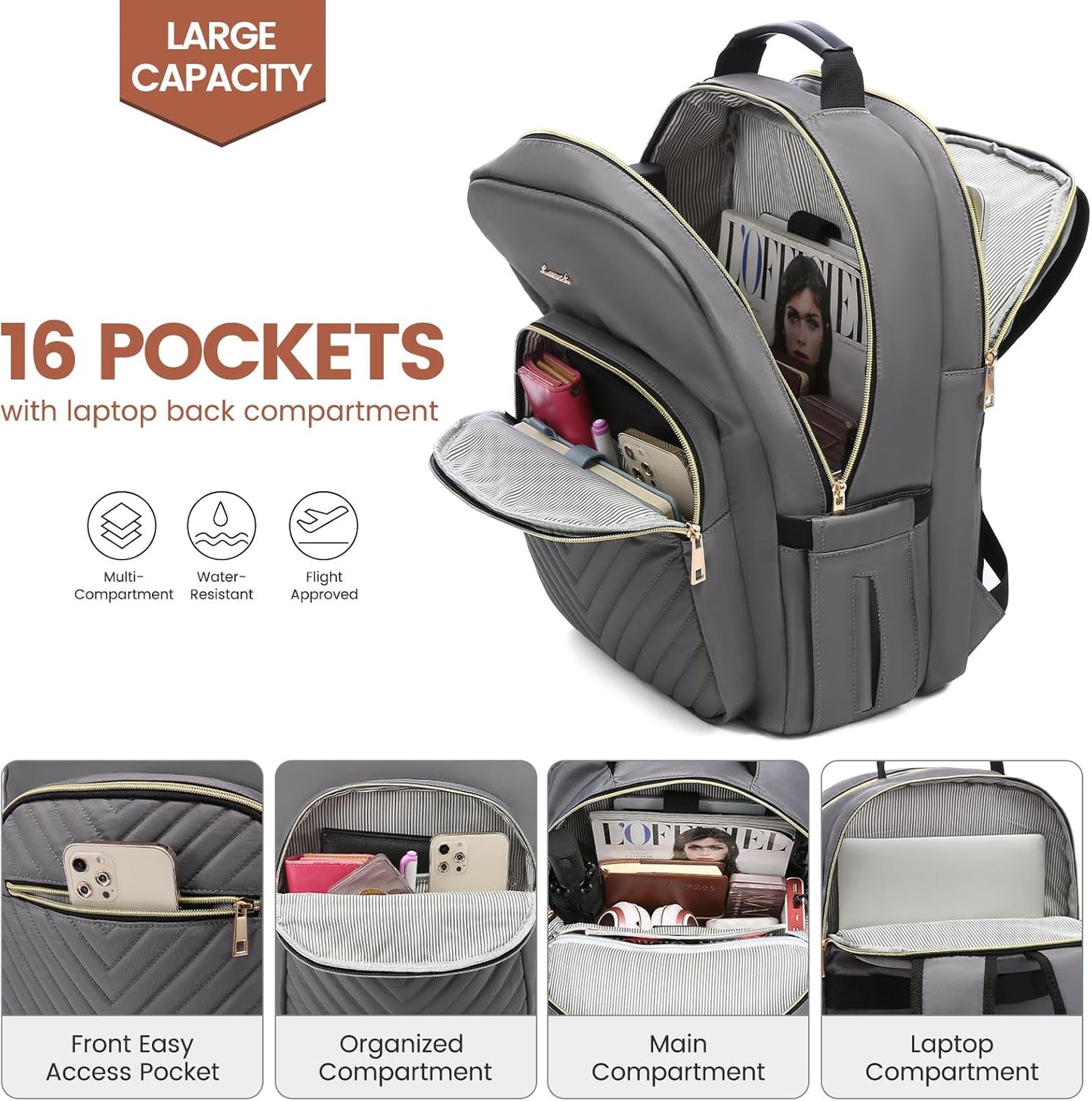LOVEVOOK Laptop Backpack for Women 18.4 inch,Cute Womens Travel Backpack Purse,Professional Laptop Computer Bag,Waterproof Work Business College Teacher Bag Carry on Backpack with USB Port,Purple Gray