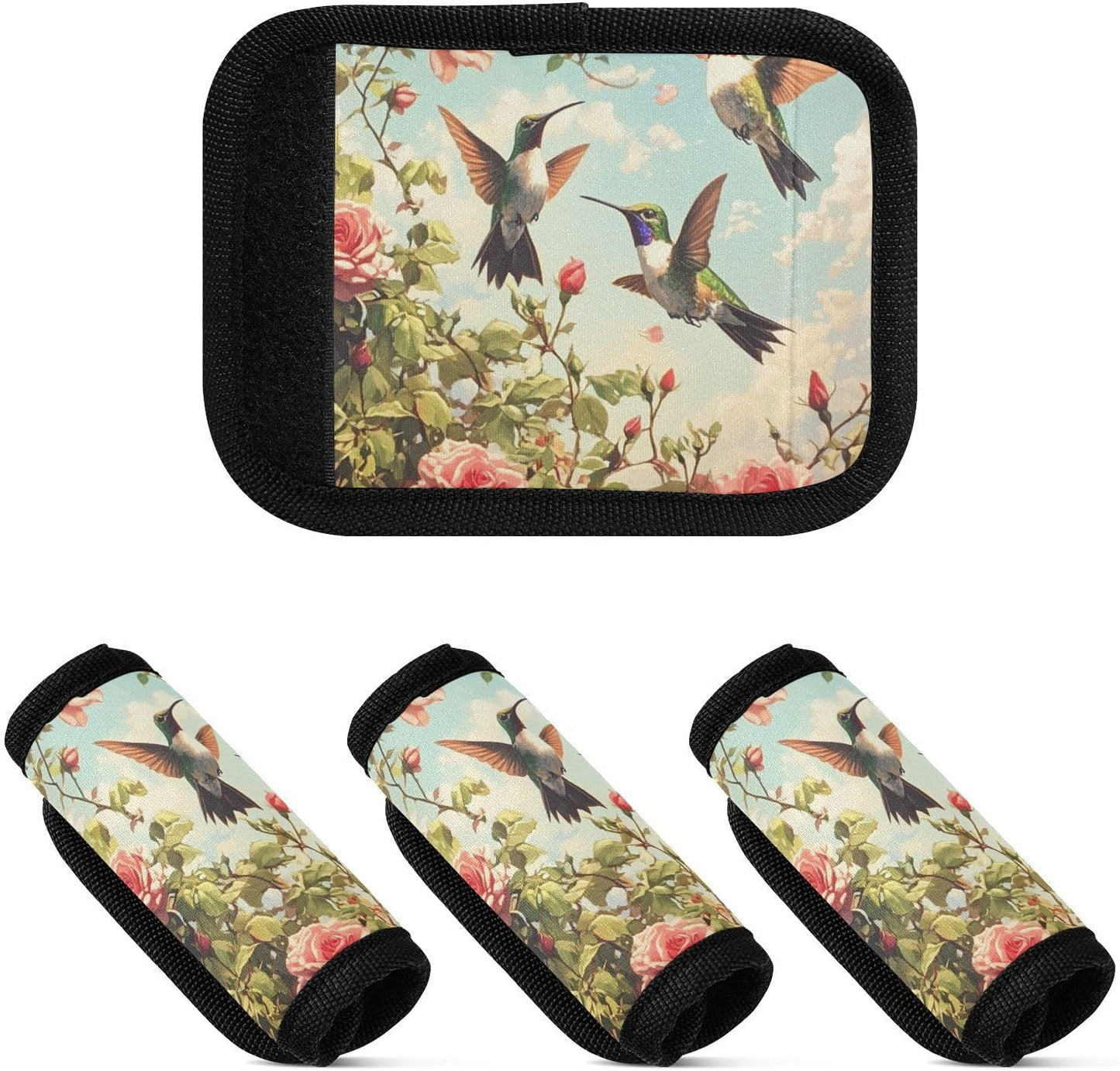 Flying Hummingbirds and Roses 2 Pack Luggage Handle Wraps Covers for Suitcase Identifiers Bag Tags Travel Accessories