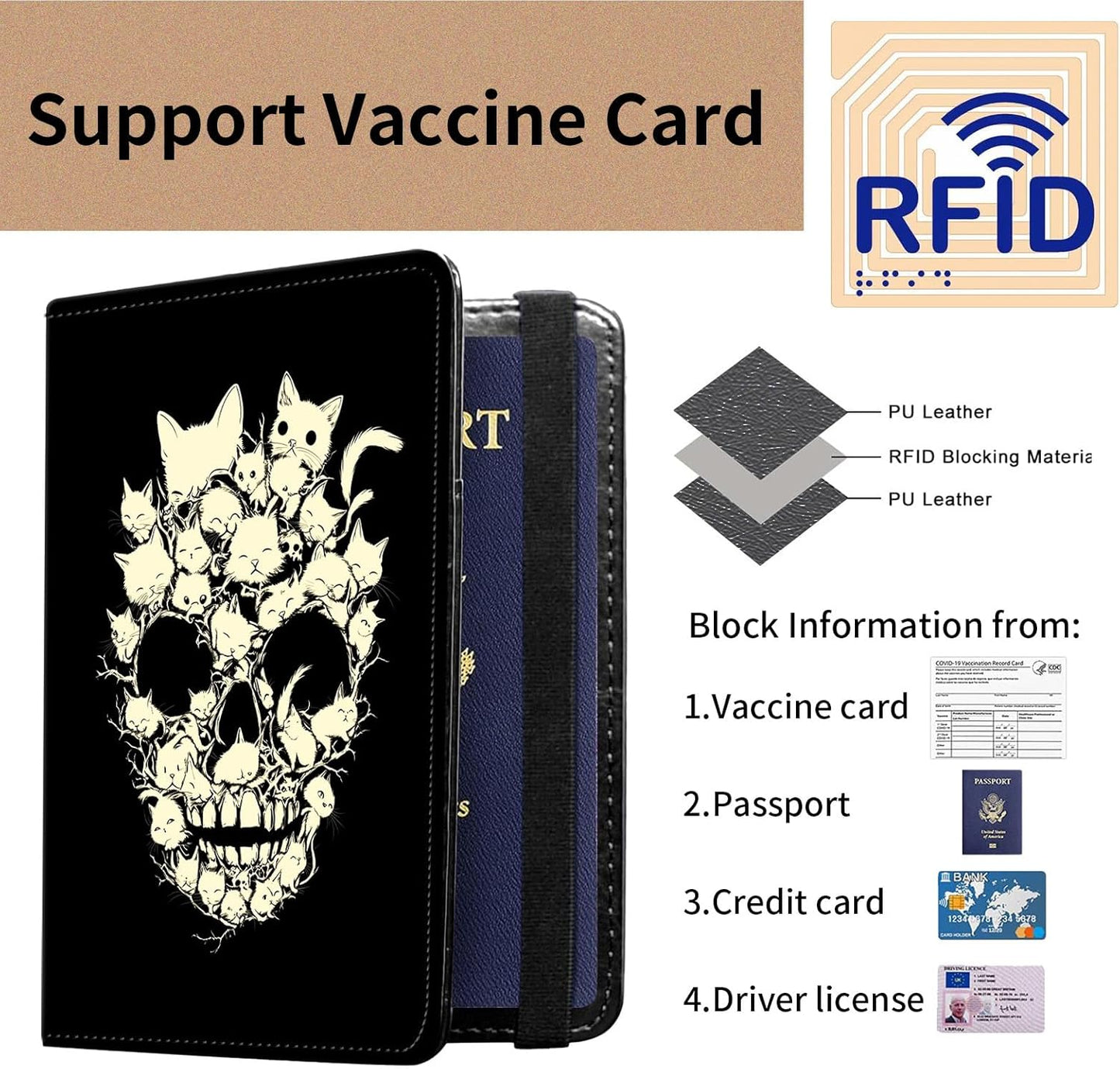 Passport and Vaccine Card Holder Cover Combo,Travel Passport Holder Wallet with RFID Blocking, Leather Vaccine Card Slot Passport Cover Case for Women & Men,White Cats Skull