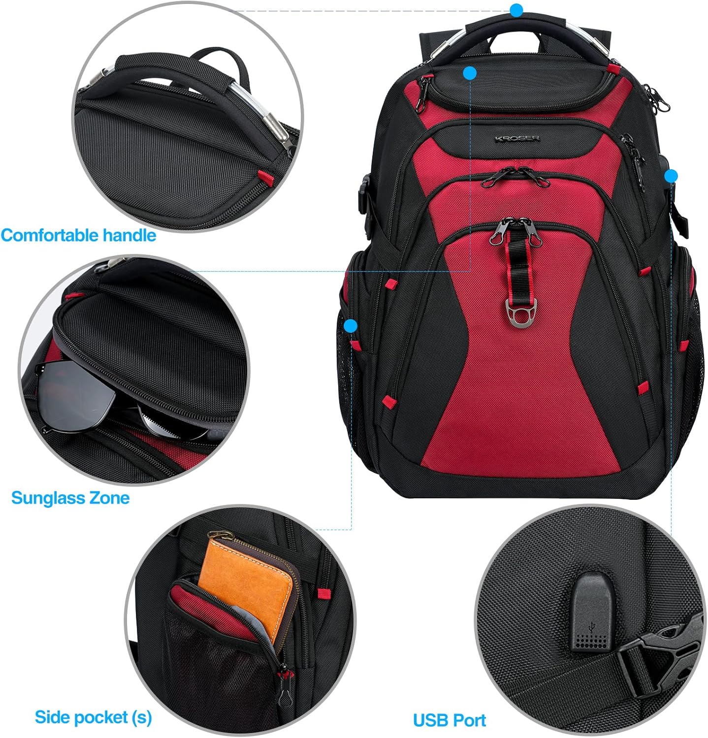 KROSER Travel Laptop Backpack 17.3 Inch XL Computer Backpack with Hard Shell Saferoom RFID Pockets Water-Repellent Business College Daypack Stylish Bag for Men/Women-Black Red