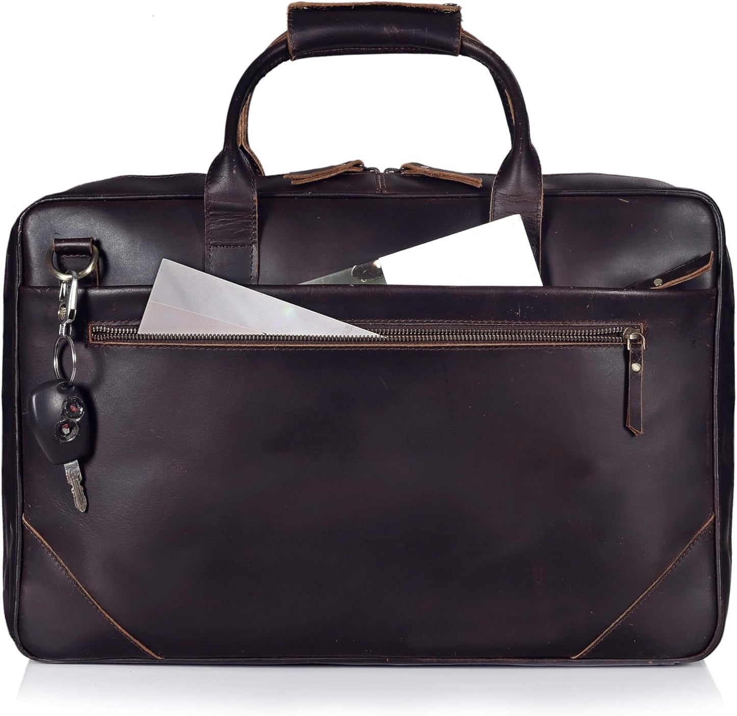 Full Grain Leather Slim Briefcase for Men Laptop Messenger Shoulder Brown Vintage Attache Computer Business Work Lawyer Bag