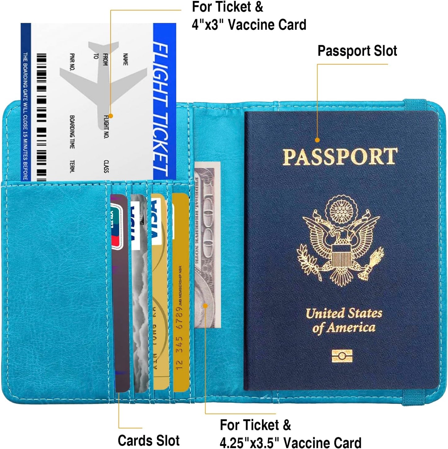 Passport Holder for Travel Men Women, RFID Blocking Passport Cover Leather Passport Wallet With 3D Metal Badge Waterproof Passport Case Travel Wallets Accessories Document Organizer (Sky Blue)