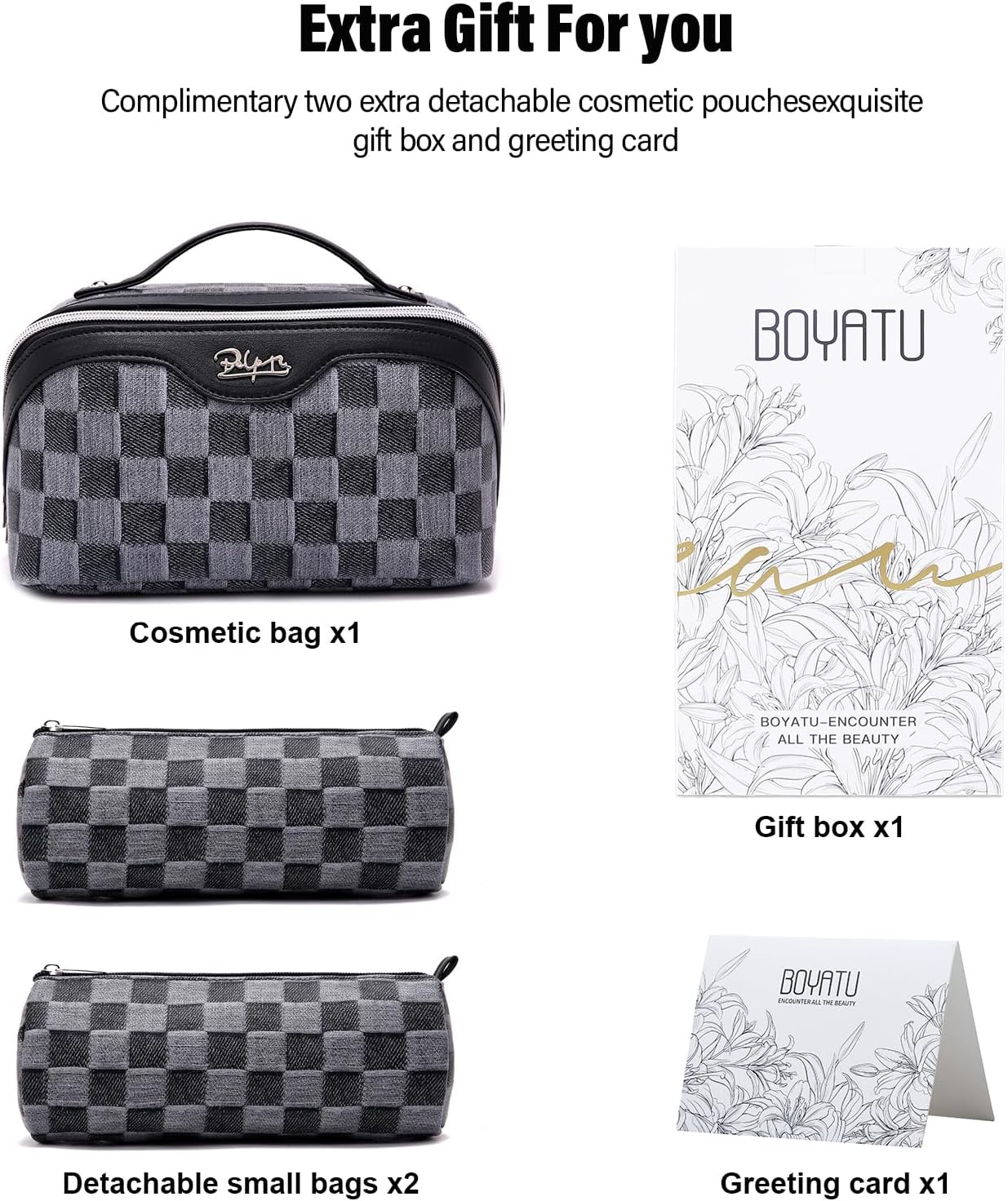 BOYATU Travel Makeup Bag for Women: Large Cosmetic Bag Set of 3 - PU Leather Make up Bag with Compartments - Compact Waterproof Toiletry Bag with Divider & Handle (D-2-Black)