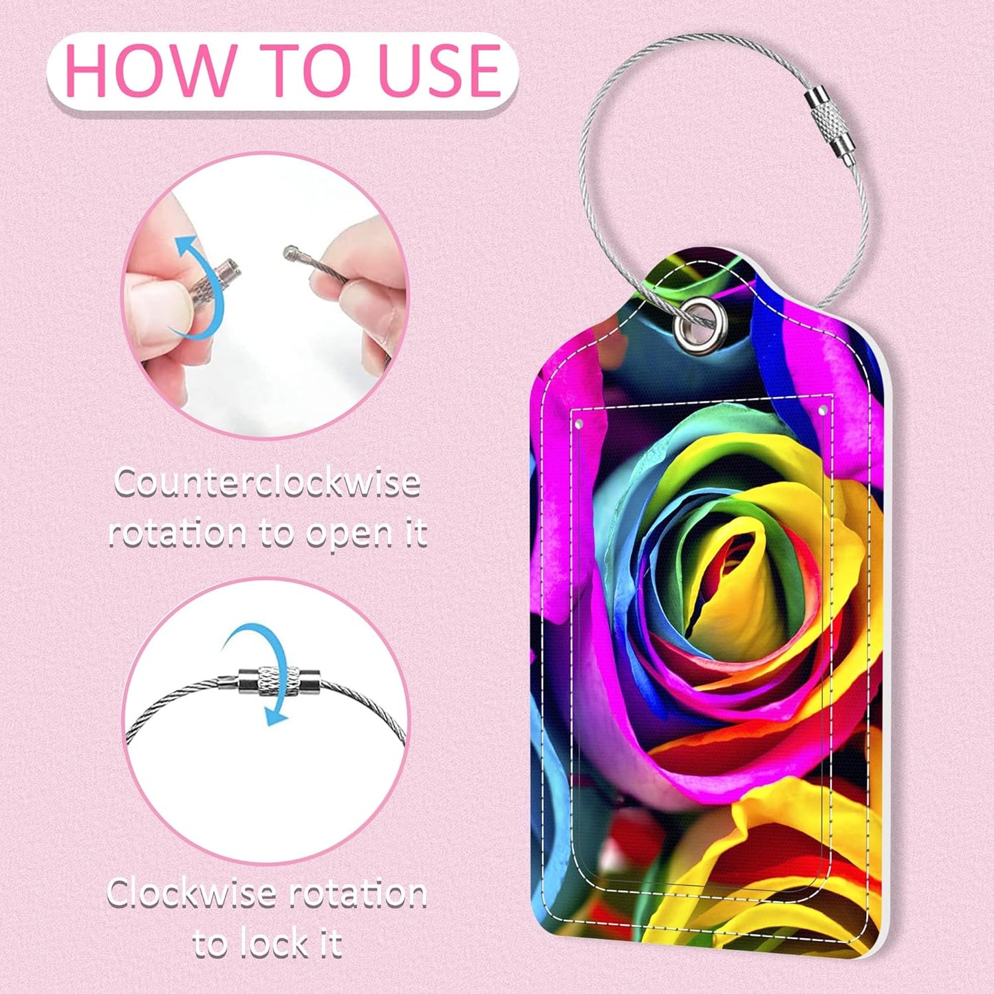 Luggage Tags for Suitcase,2 Pack Rainbow Rose Luggage Tag,PU Leather Id Label Luggage Tags with Stainless Steel Loop and Privacy Cover for Women Men Teens Travel