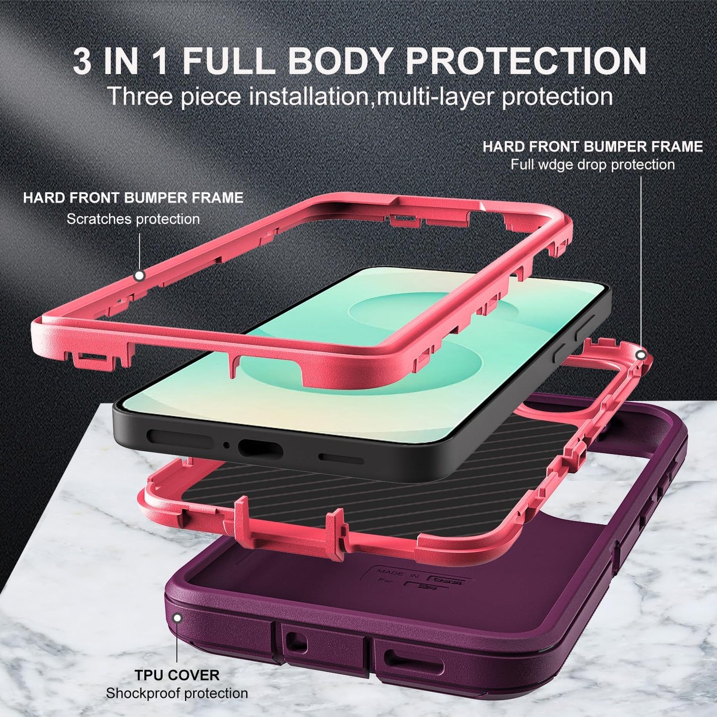 for Samsung Galaxy S25 Plus Case, Military Grade 3 in 1 Heavy Duty Shockproof/Drop Proof/Dust Proof Case with 2Pcs Tempered Glass Screen Protector & 1PcsCamera Lens Protector (Purple/Pink)