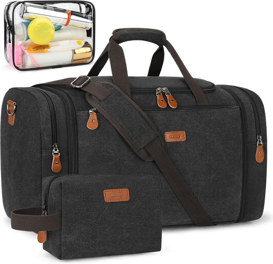 Canvas Mens Duffle Bag for Travel - Expandable 50L Weekender Bags with Toiletry Bag, Overnight Bag Travel Duffel Carry On Luggage with Removable Shoulder Strap, Durable & Water-Resistant