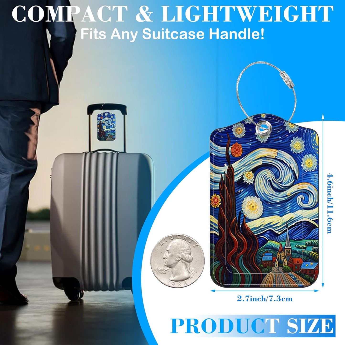 2 Pcs Luggage Tags for Suitcases, Starry Night Leather Bag Tags for Luggage Privacy Cover Name ID Label with Stainless Steel Loop Cruise Airport Travel Essentials