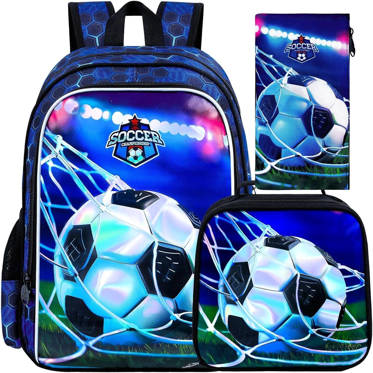 gxtvo 3PCS Soccer Backpack for Boys, 16" Kids Football Bookbag with Lunch Box, Water Resistant Elementary Preschool Toddler School Bag