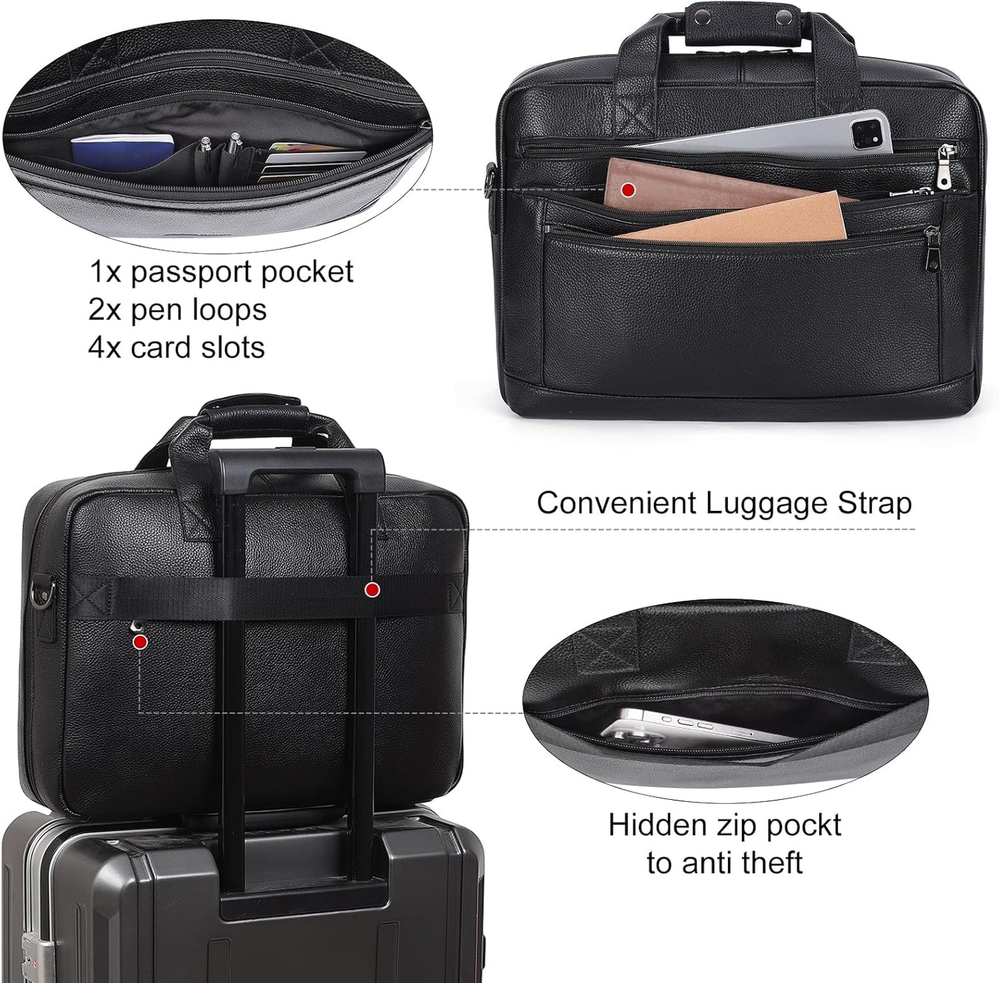 Masa Kawa Men’s Leather Briefcase for 16" Laptop Waterproof Crossbody Shoulder Messenger Bag Computer Attache Case for Business Travel Work, Black