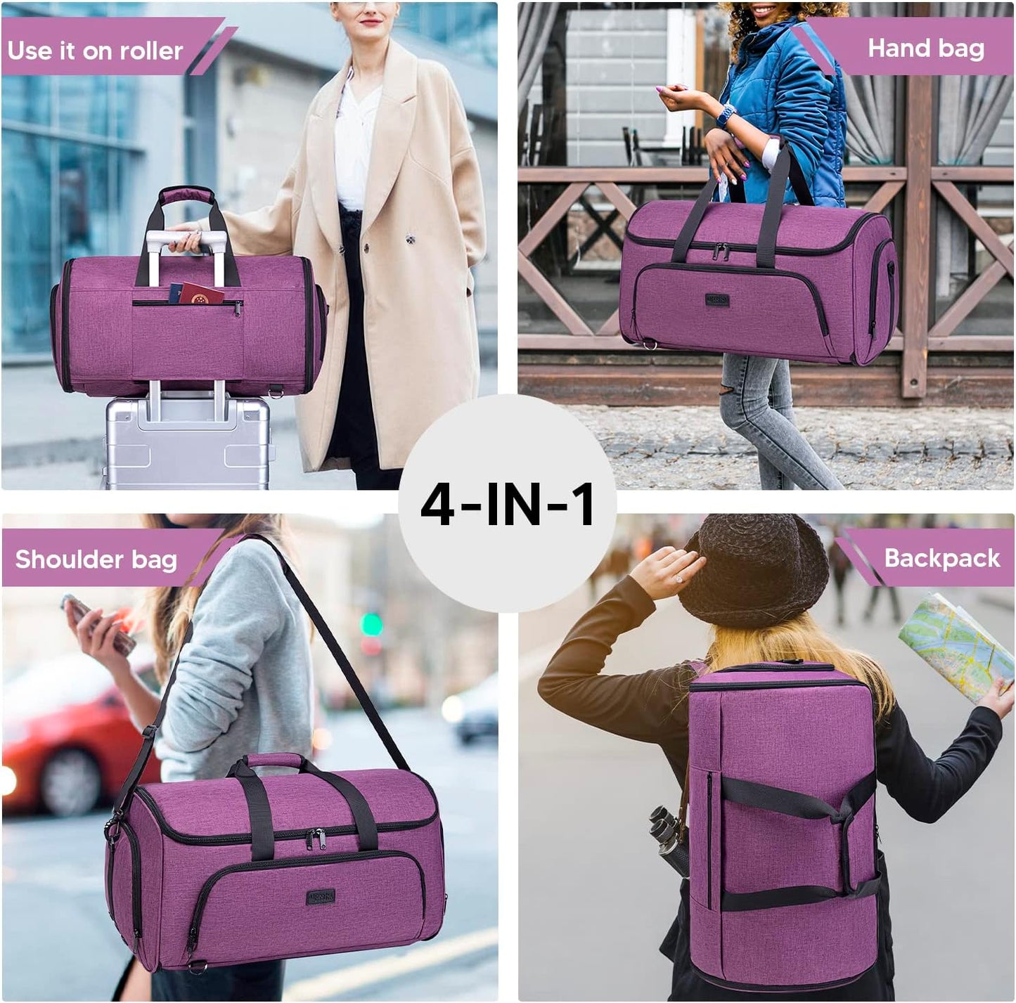 Convertible Garment Bag with Shoulder Strap, 58L capacity Garment Duffle Bags for Travel 4 in 1 Foldable Carry on Garment Bags Suit Bag with Shoes Compartment Garment Bag for Men Women,Purple