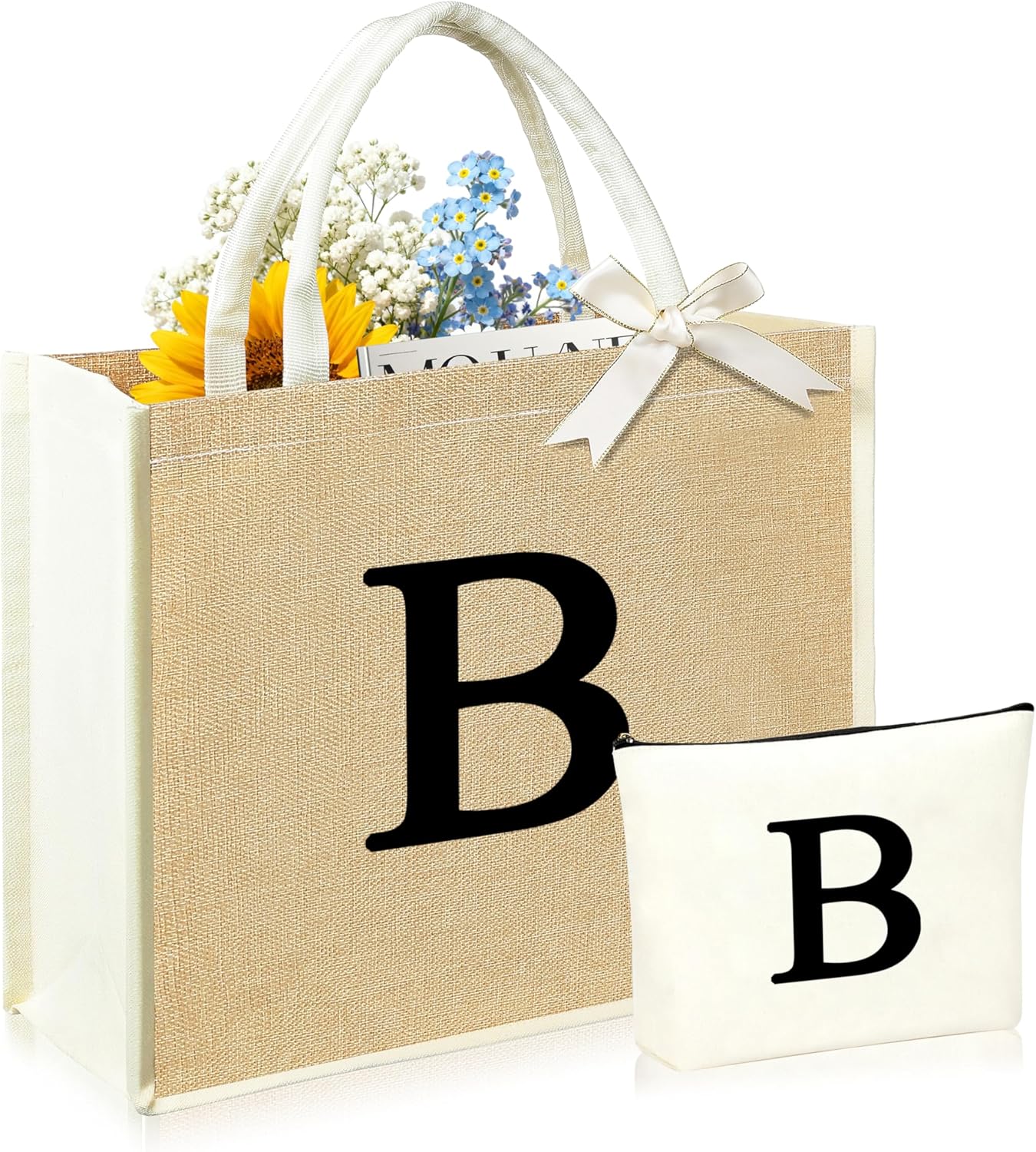Initial Canvas Tote Bag & Makeup Bag for Women Teacher Bridesmaids，Personalized Present for Wedding, Birthday, Beach