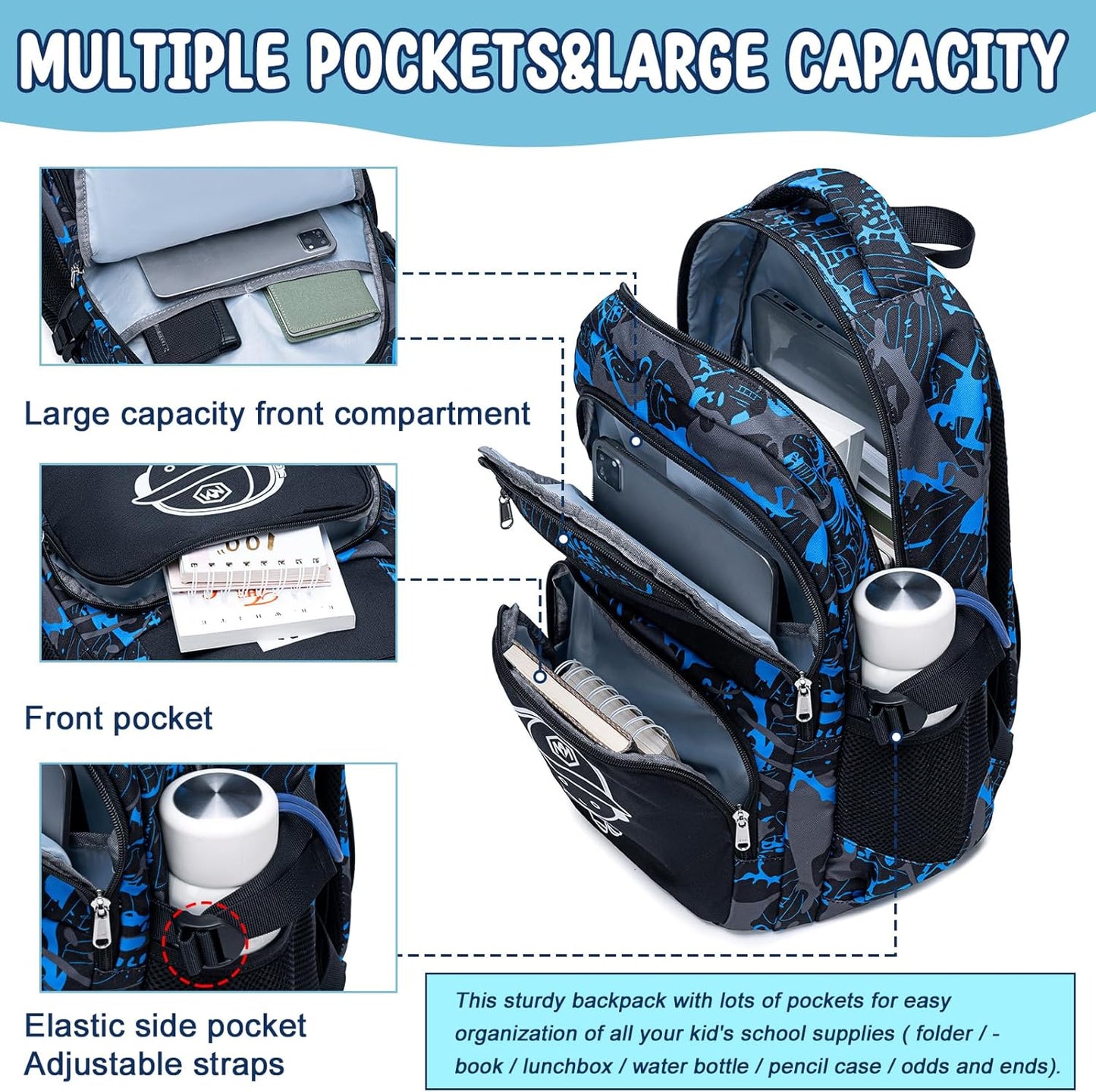Bluboon Kids Backpack Boys Camo Bookbag Teens Elementary School Bag Daypack Travel Back Pack Middle school (Graffiti football)