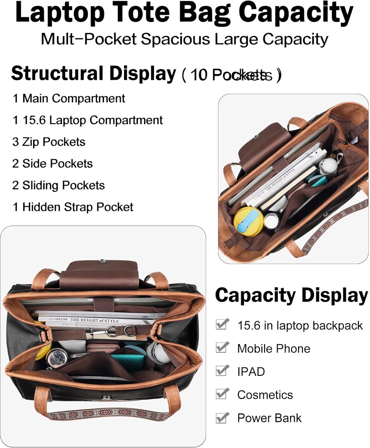 FADEON Large Laptop Tote Bag for Women Designer Leather Laptop Bag Fashion Travel Backpack Purse Shoulder Handbag
