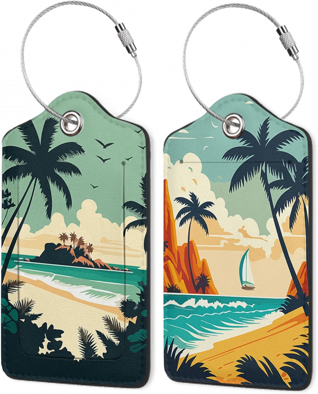 2 Pack Luggage Tags,Leather Suitcase Tags with Privacy Cover Name Address Labels& Durable Steel Loop for Men/Women Travel Bag Suitcases(Beach Palms)