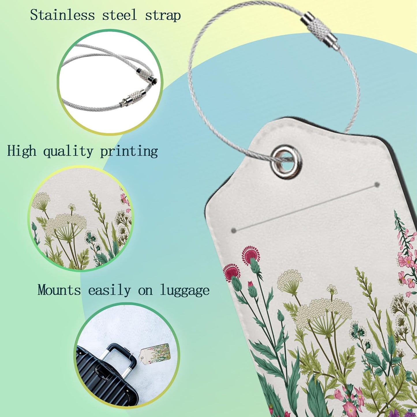 Luggage Tags for Suitcase,2 Pack Colorful Wildflower Herb Luggage Tag PU Leather Privacy Cover ID Label with Stainless Steel Loop for Women Men Teens Travel