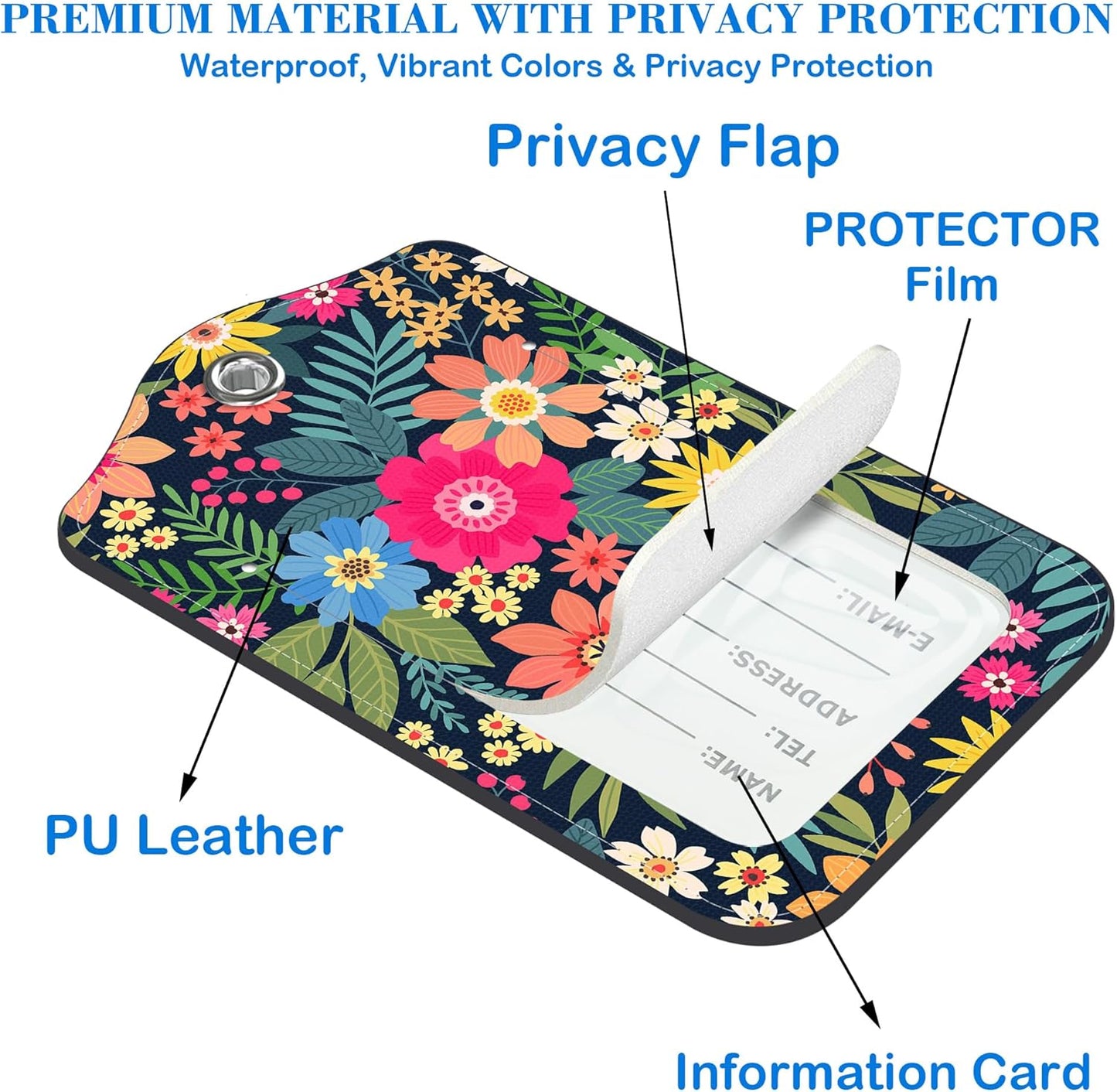 2 Pack Colorful Flowers and Leaves Luggage Tags PU Leather Suitcase Tags with Stainless Steel Loop Privacy Cover ID Label for Women Men Travel Bag Accessories