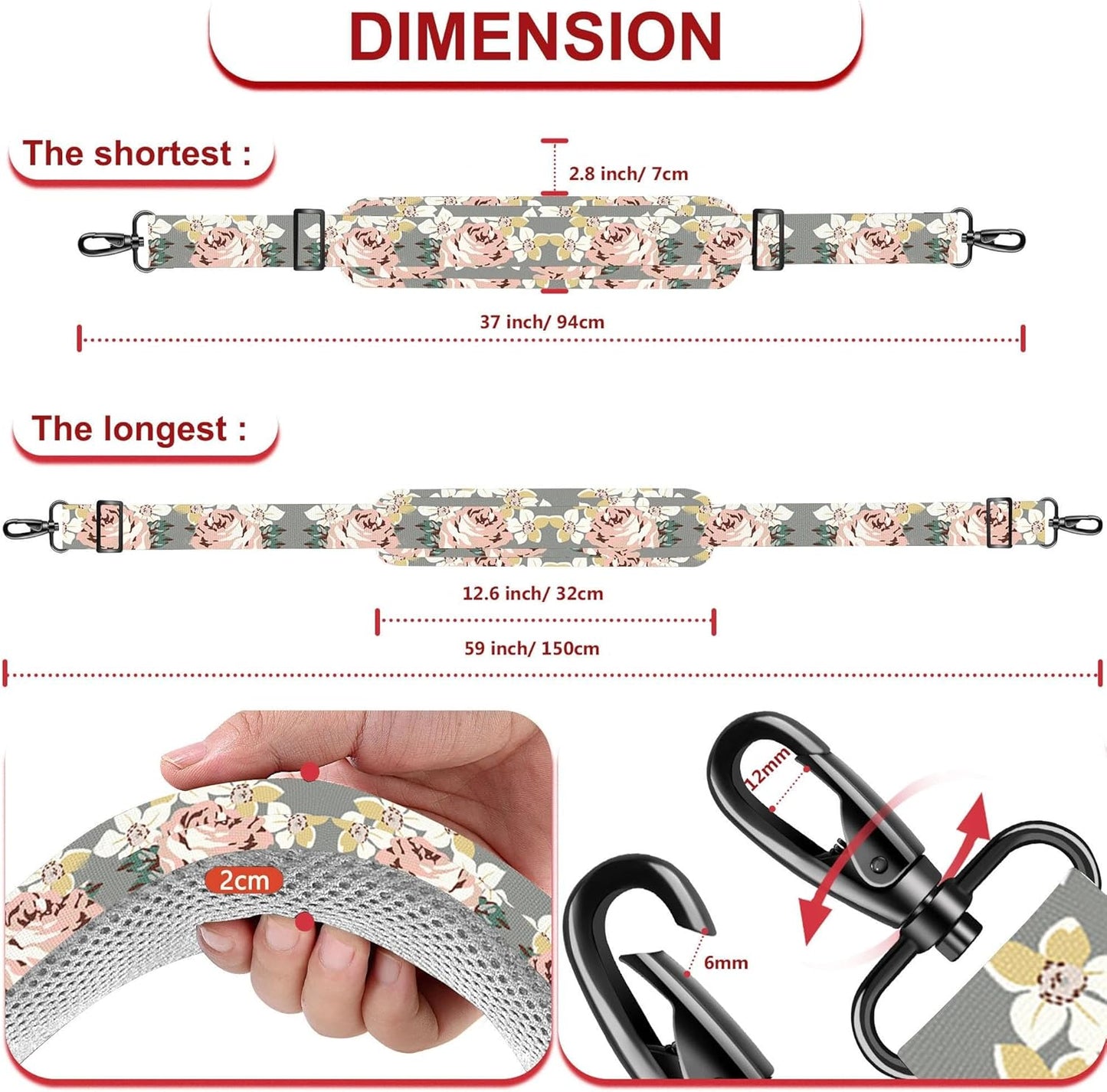 ZINZ Shoulder Strap - 59 Inch Universal Heavy-duty Adjustable Strap with Ultra-thick Fixed Breathable Pad for Laptop, Gym, Camera Bag and More -Gray Rose