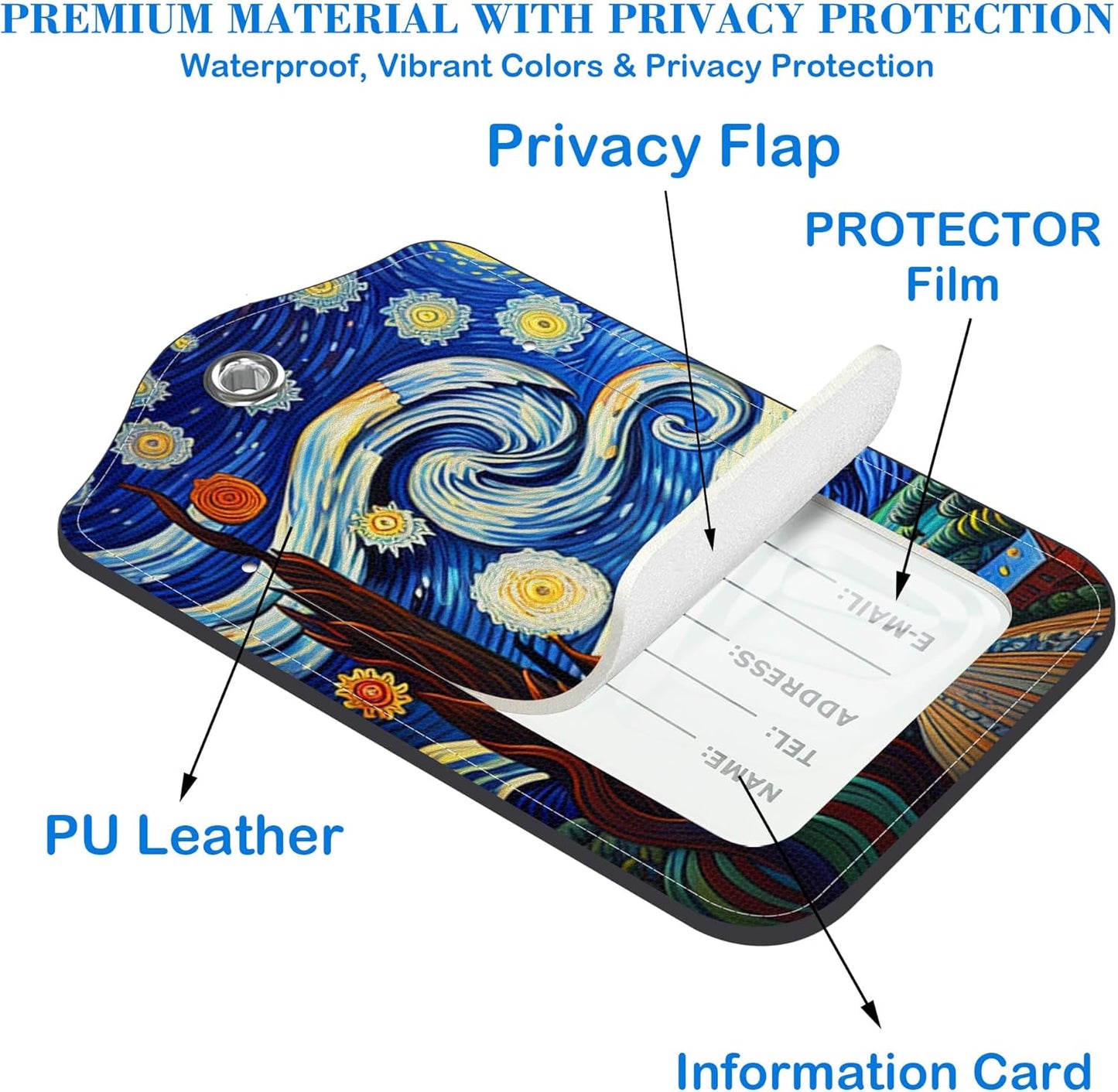 2 Pcs Luggage Tags for Suitcases, Starry Night Leather Bag Tags for Luggage Privacy Cover Name ID Label with Stainless Steel Loop Cruise Airport Travel Essentials