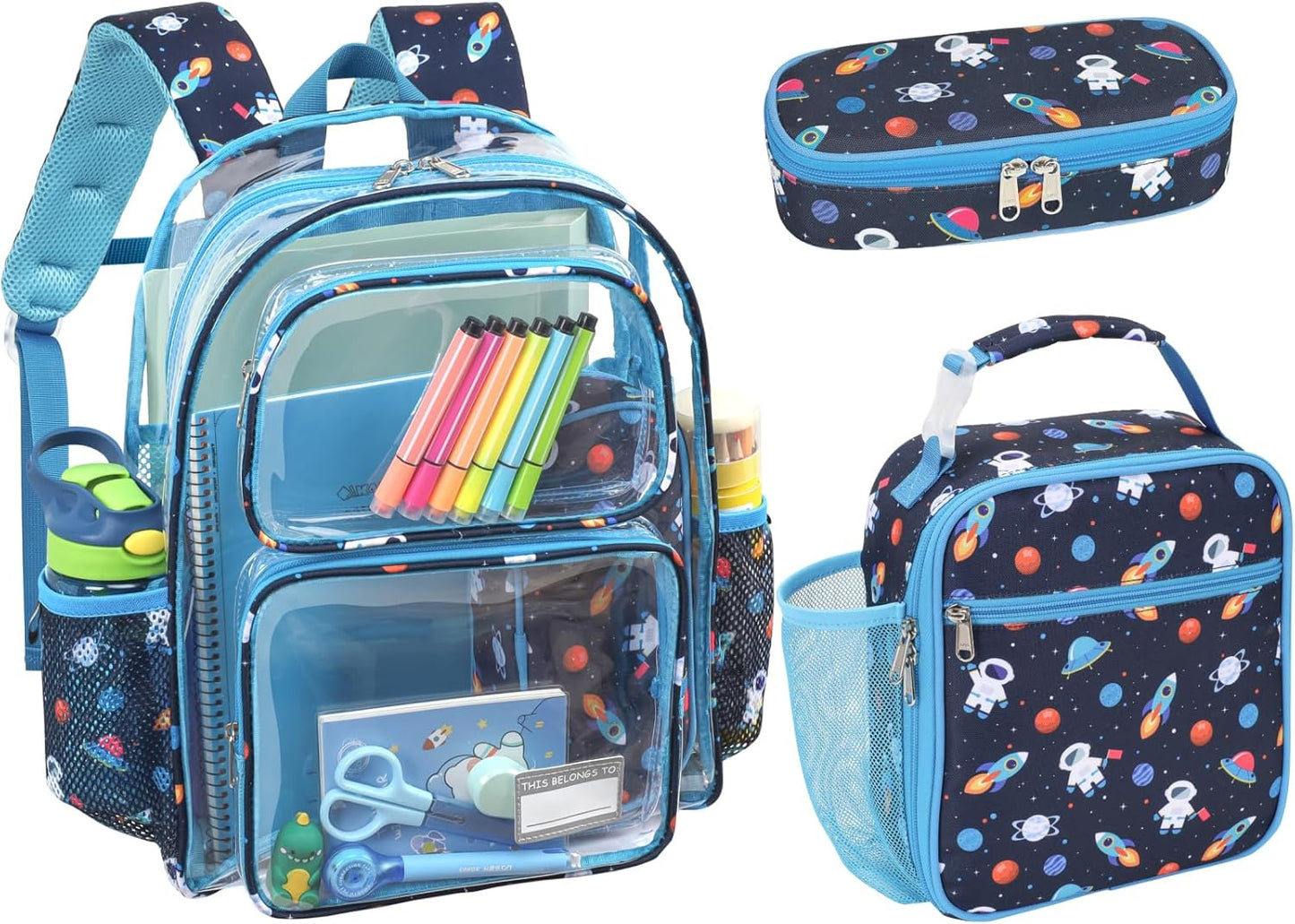 Bagseri 3pcs Clear Backpack for Boys - 15 Inch Backpack and Lunch Bag and Pencil Case Set, Heavy Duty Transparent Bookbag for School, See Through Bag for Kids Aged 3 to 8, Navy Space