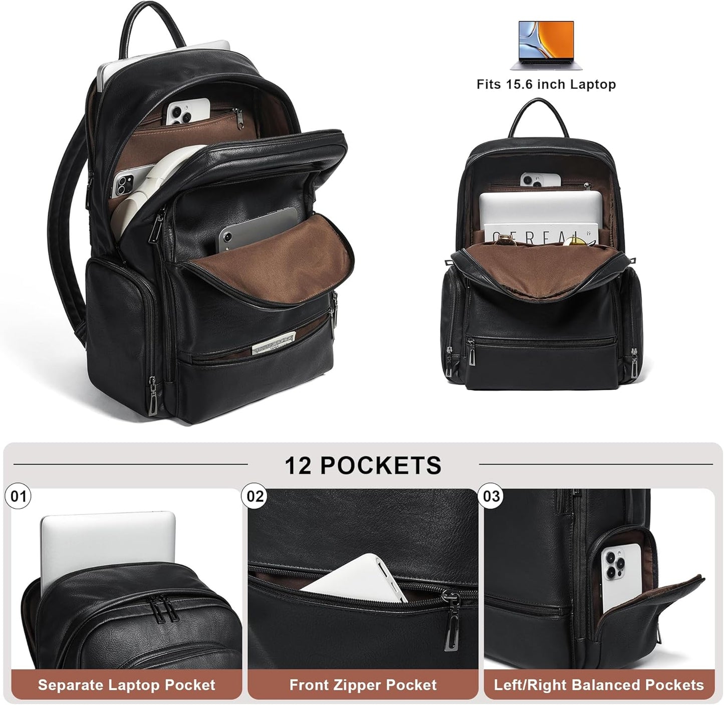 Computer Backpack for Women Soft Leather Back pack with 15.6 inch Laptop Compartment, Designer Ladies Travel Backpack, Black