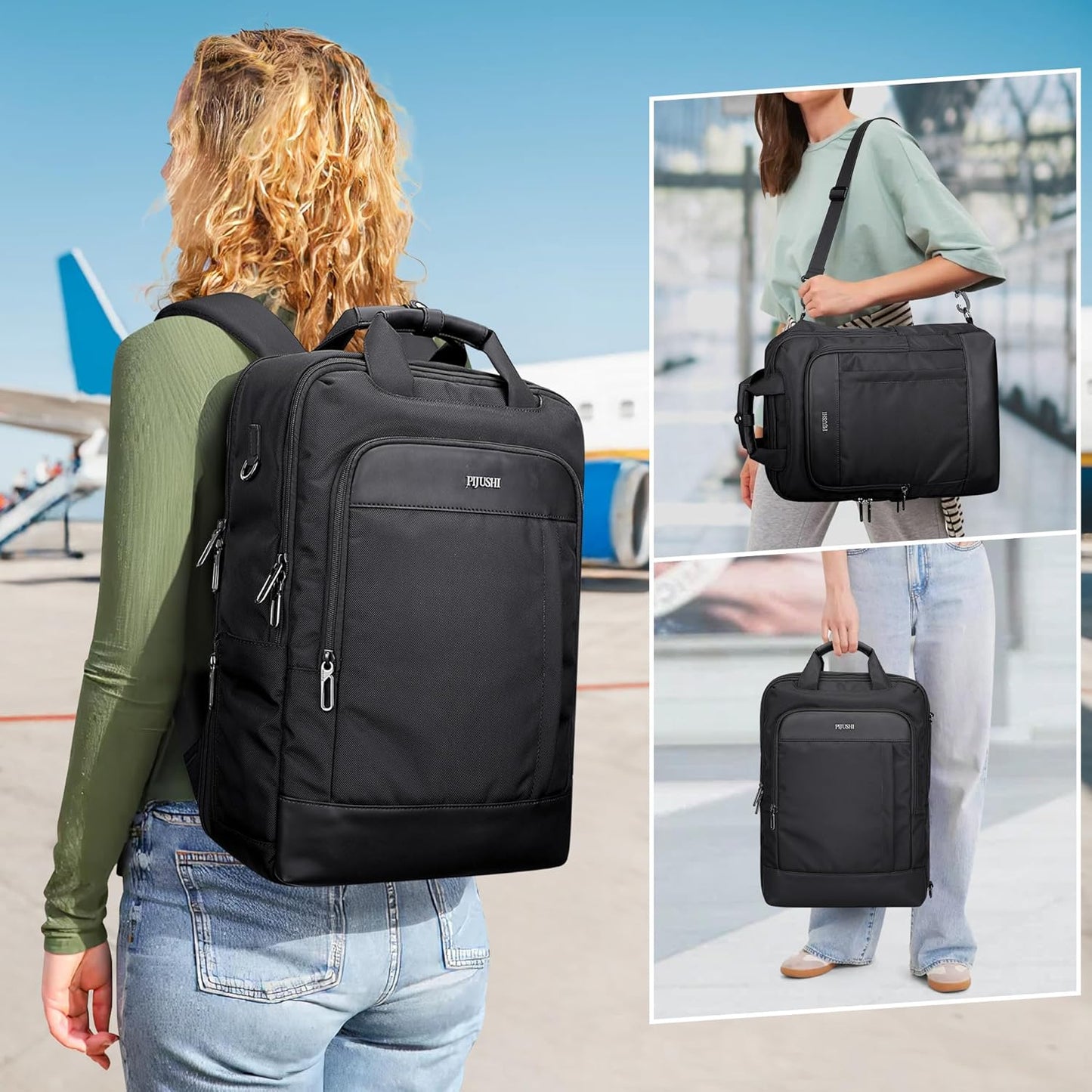PIJUSHI Laptop Backpack for Women Men Personal Item Travel Backpack Convertible Carry on Bag Flight Approved(PE042 Black)