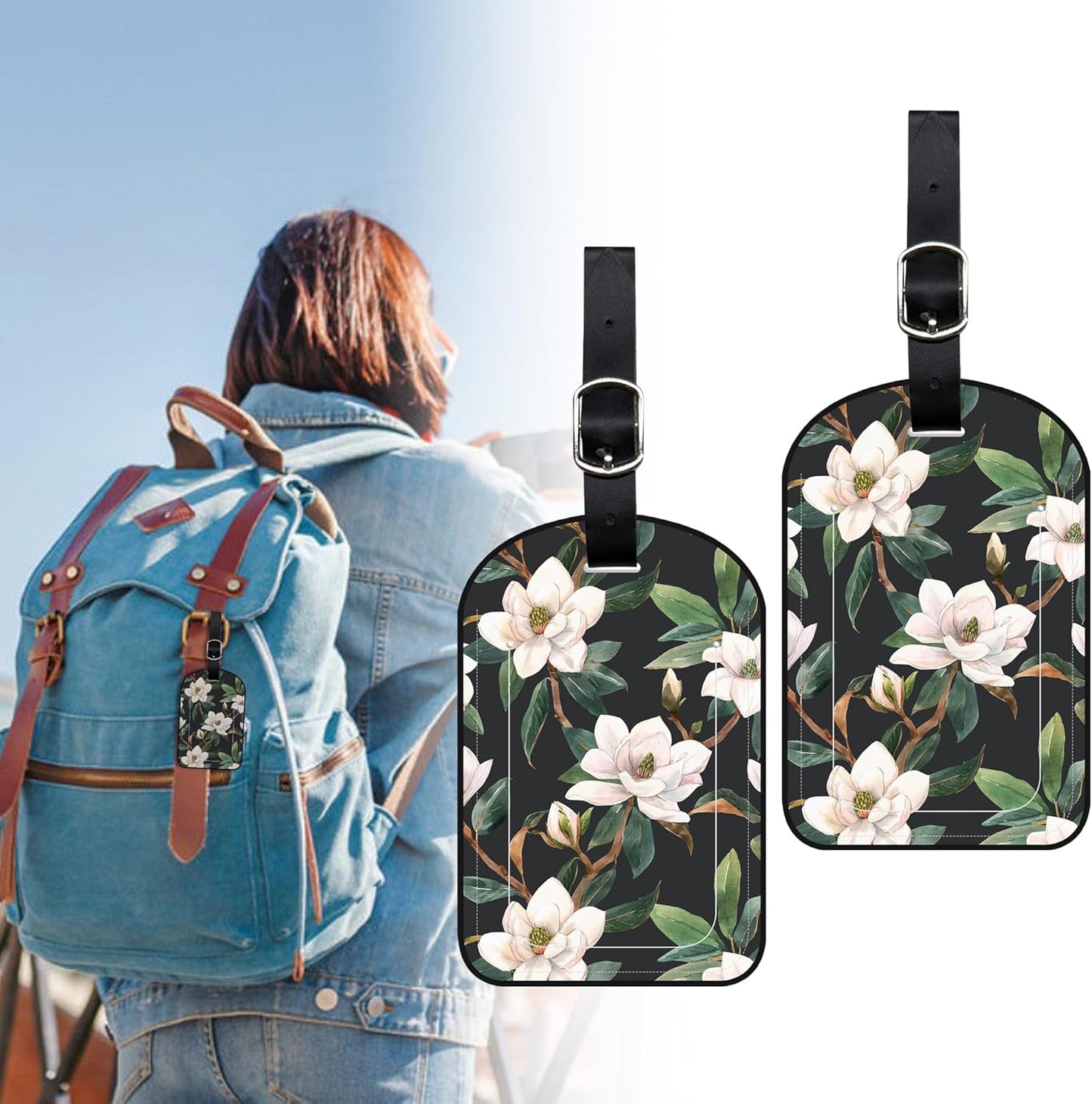2 Pack Luggage Tags Vintage Floral PU Leather Baggage Handbag Suitcase Tags with Secure Strap Privacy Cover ID Labels,Business Travel Baggage Tag Identifier