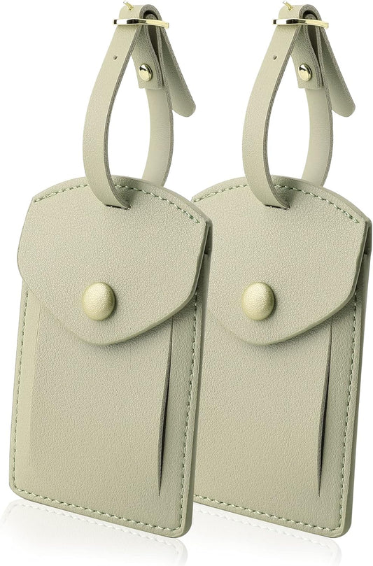 Kevancho Leather Luggage Tags for Men Women, Suitcase Labels Baggage Bag Tag ID Tags with Full Back Privacy Cover for Cruise Ships, Travel Accessories Tags Set of 2 PCS (Pea Green)