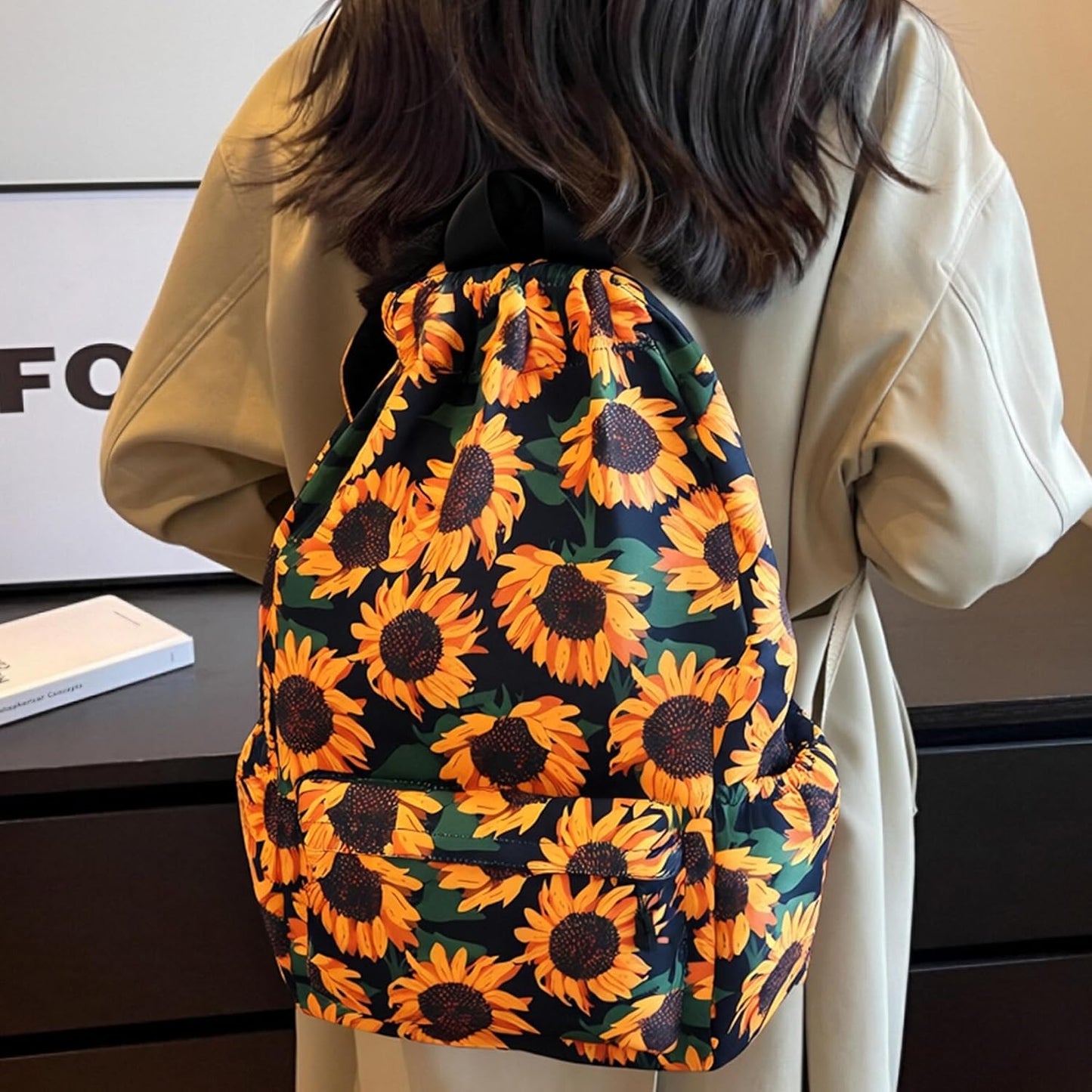 Drawstring Backpack for Women Drawstring Gym Bag Water Resistant Small Cinch Sack Pull String Backpack Bag (Sunflower)