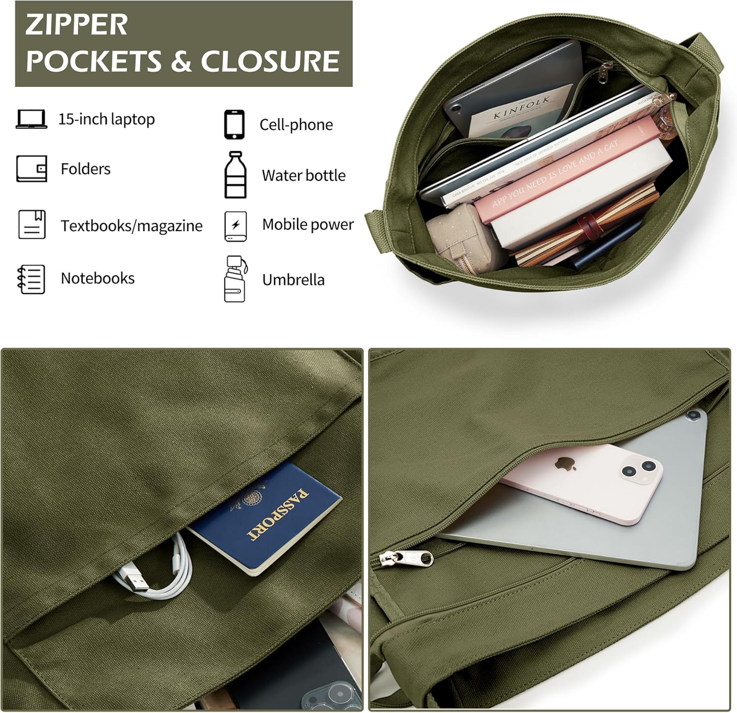 KALIDI Canvas Tote Bag Large Hobo Crossbody Shoulder Handbag Zipper Messenger Bag for Women or Men