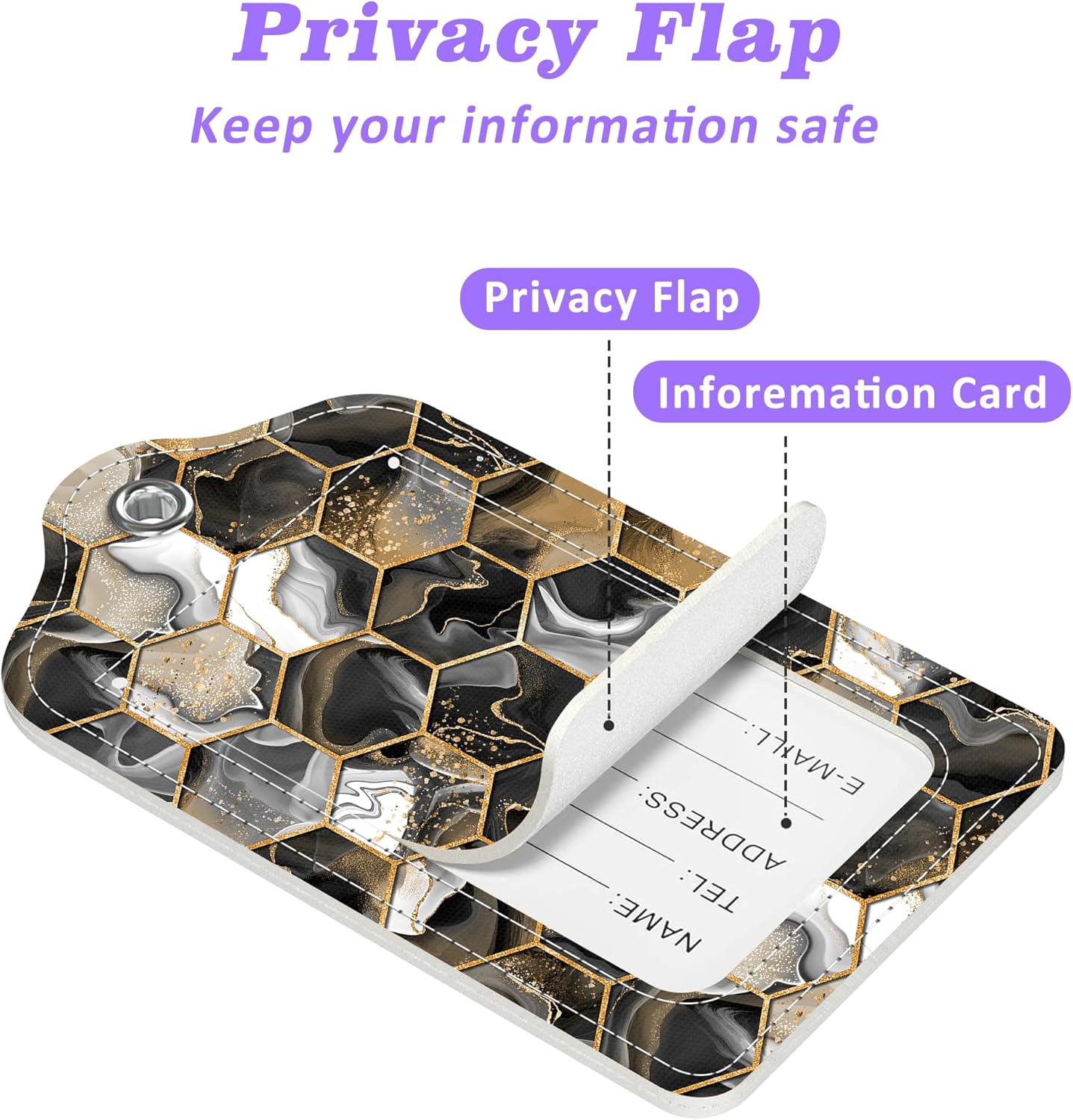 Gold Ink Hexagon Texture Luggage Tags 2PCS PU Leather Suitcases Tag with Stainless Steel Loop and