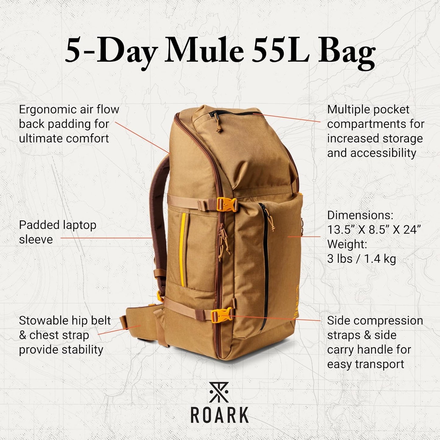 Roark 5 Day Mule 55L Backpack, Multi-Day Travel Pack with Laptop Storage, Dark Khaki