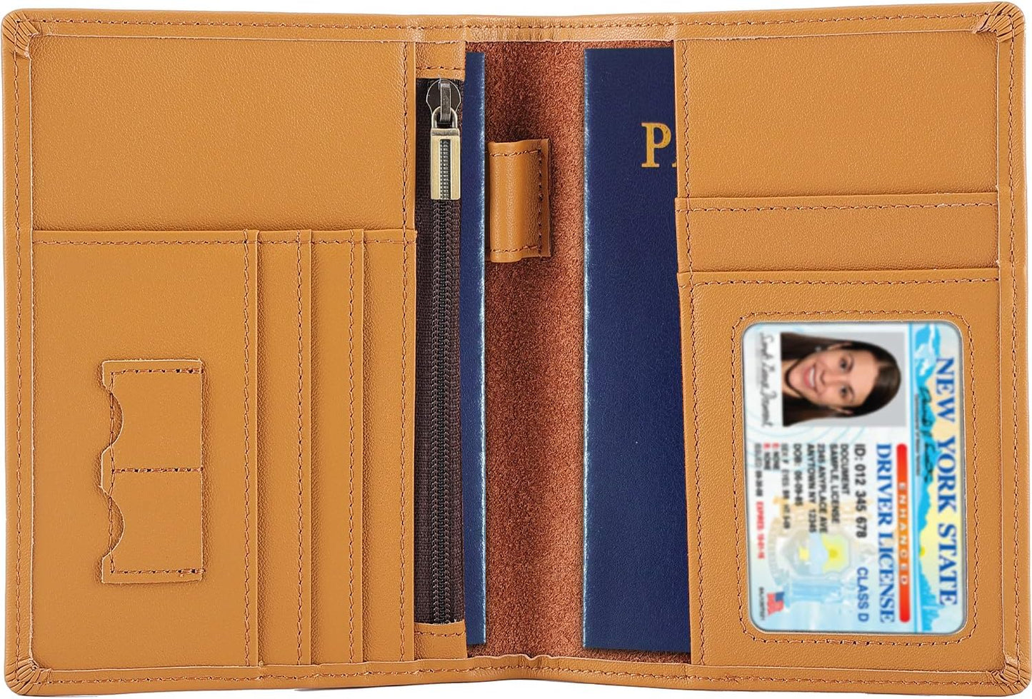 STAR VISTA Phoenix Leather Passport Holder, Calfskin Travel Wallet - RFID Blocking, ID Window, Zipper Pocket, Pen & Notebook Included, Honey