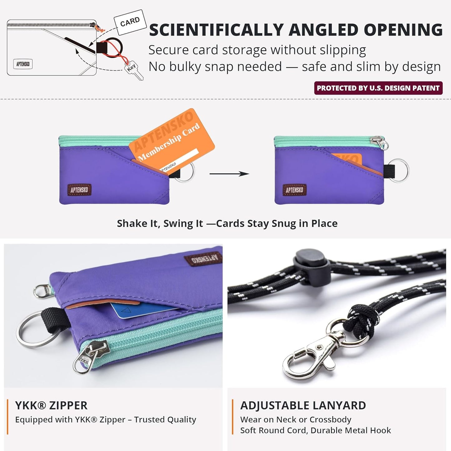 RFID Travel Wallet with Adjustable Lanyard-Zipper Small Wallet with ID Card Holder, Keychain for women&men-Minimalist Slim Waterproof Nylon case for ID, Cash, Key (Violet)