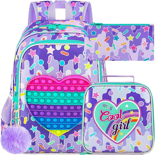CCJPX 3PCS Backpack for Girls, 16”Kids Water Resistant Elementary Preschool Kindergarten School Bookbag with Lunch Box - Purple