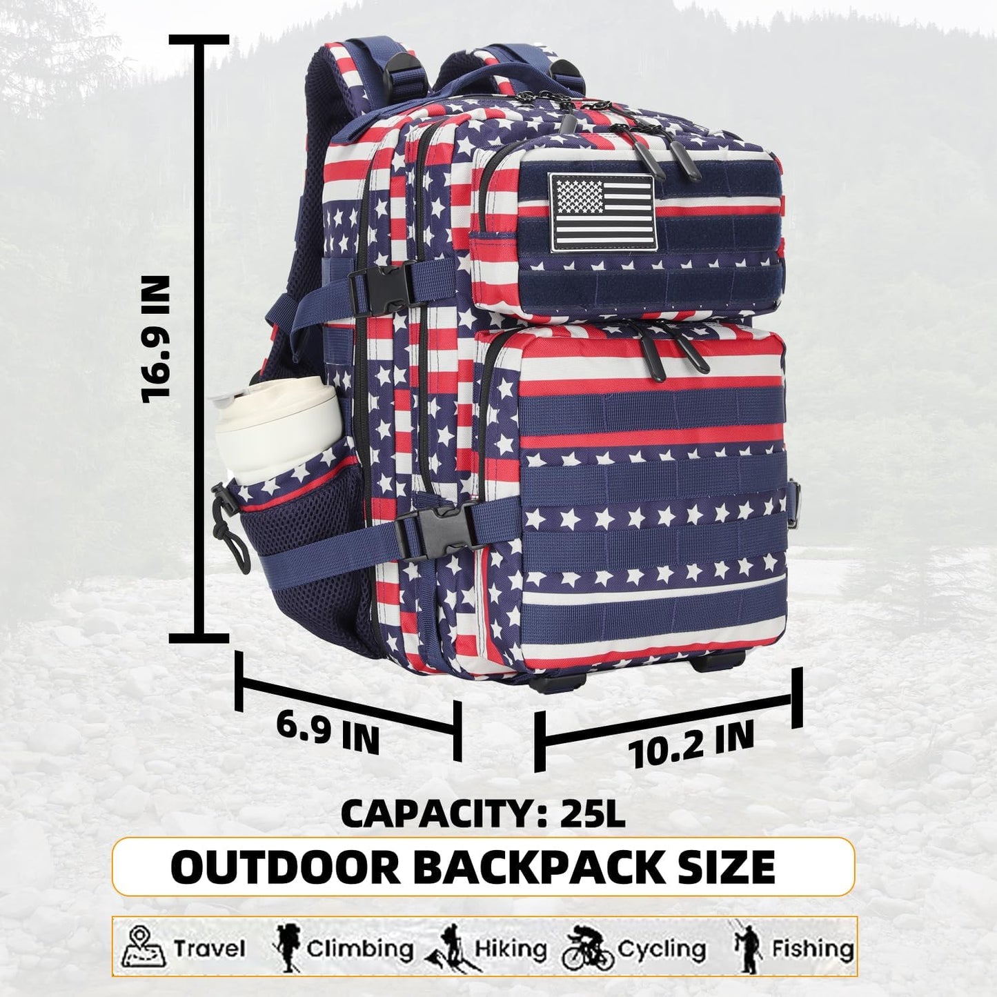 25L Tactical Military Backpack Small Travel Backpack for Men and Women Assault Pack Bug Out Bag Molle Daypack Gym Backpack with Bottle Holder (Flag)