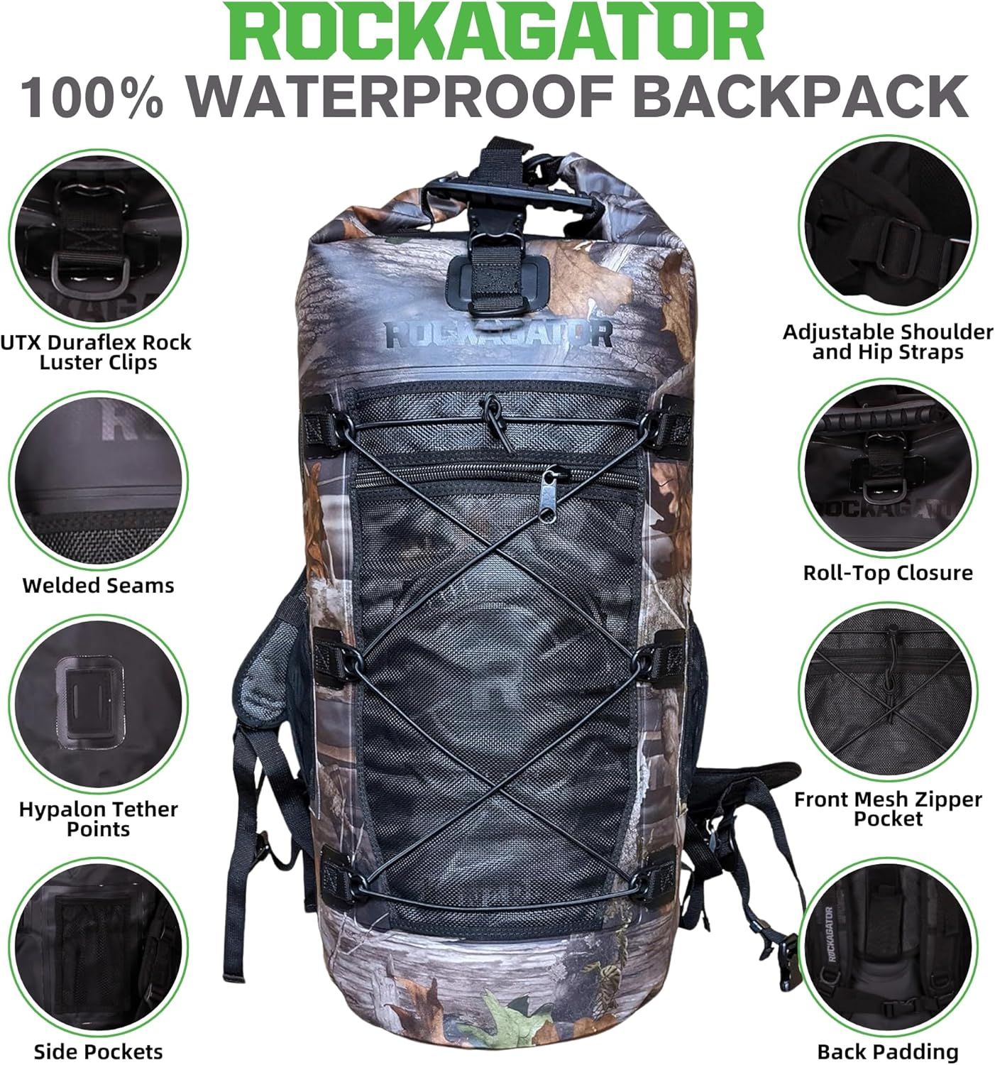 Rockagator Kanarra 90L Waterproof Backpack for Camping, Hiking, Mountaineering, Backpacking, Hunting, Fishing, Canoeing, Outdoor Activities, The Wet Outdoors - Large Capacity, Roll Top Closure, Camo