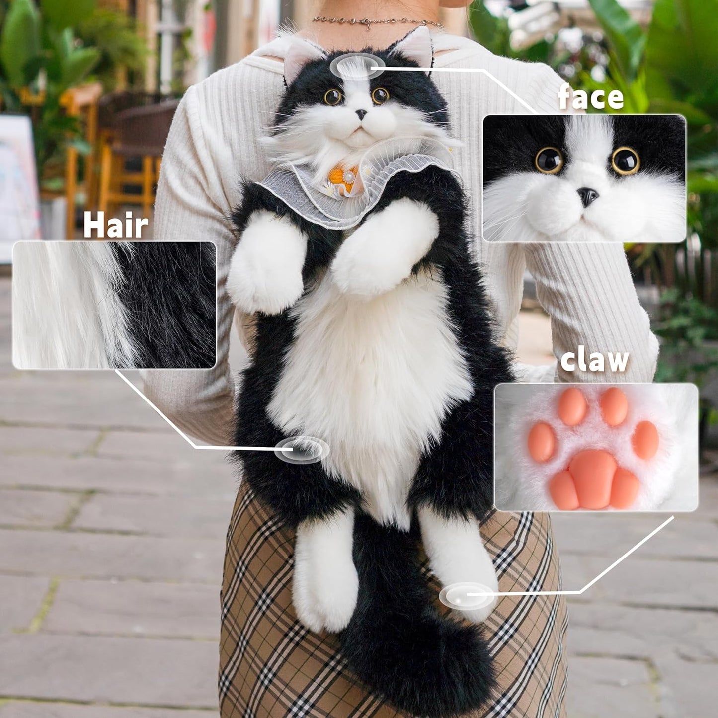 Chongker Stuffed Realistic Cat Plush Backpack - Cute and Soft Stuffed Animal Backpack with Adjustable Straps, Black