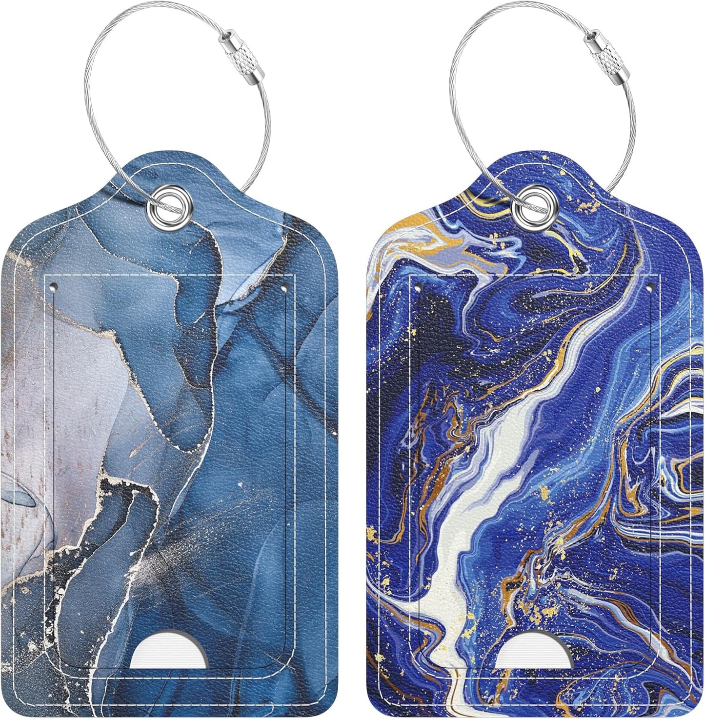 2 Pack PU Leather Luggage Tags for Suitcase, Travel Cruise Luggage Tag with Privacy Flap, Name ID Label and Metal Loop for Women Men Baggage Handbag School Bag Backpack, Blue Flow Marble