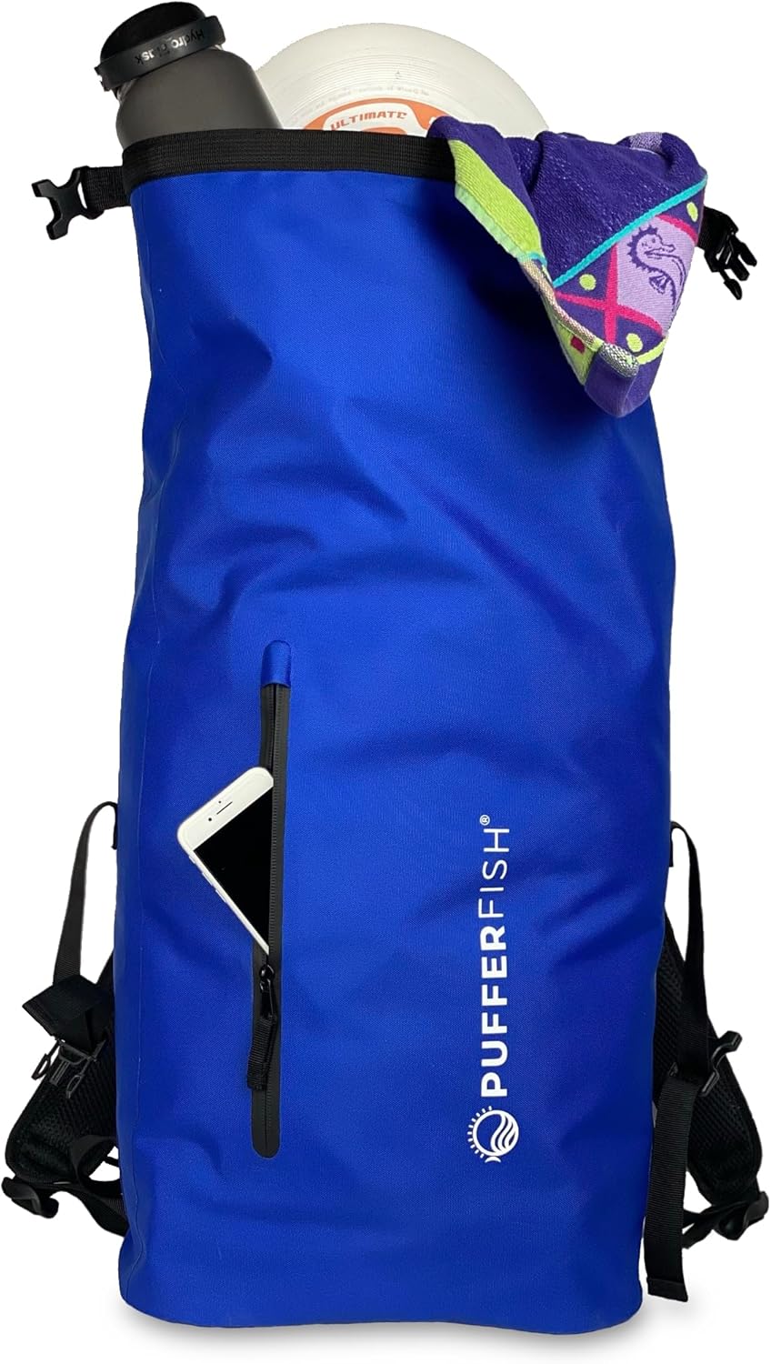 PUFFERFISH Super Sand Bag - Waterproof Roll-Top Beach Backpack, Padded Back and Straps, Multiple Pockets, Recycled Plastic, 35L, Blue