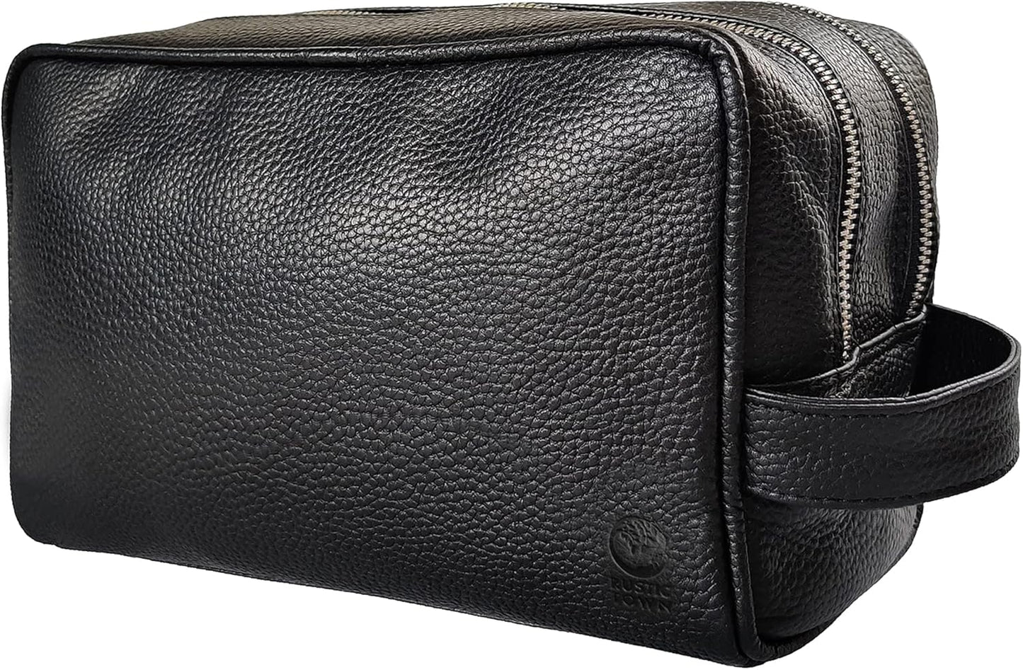 RUSTIC TOWN Full Grain Leather Travel Toiletry Bag - Cosmetic Makeup Kit Organizer (Medium, Black)