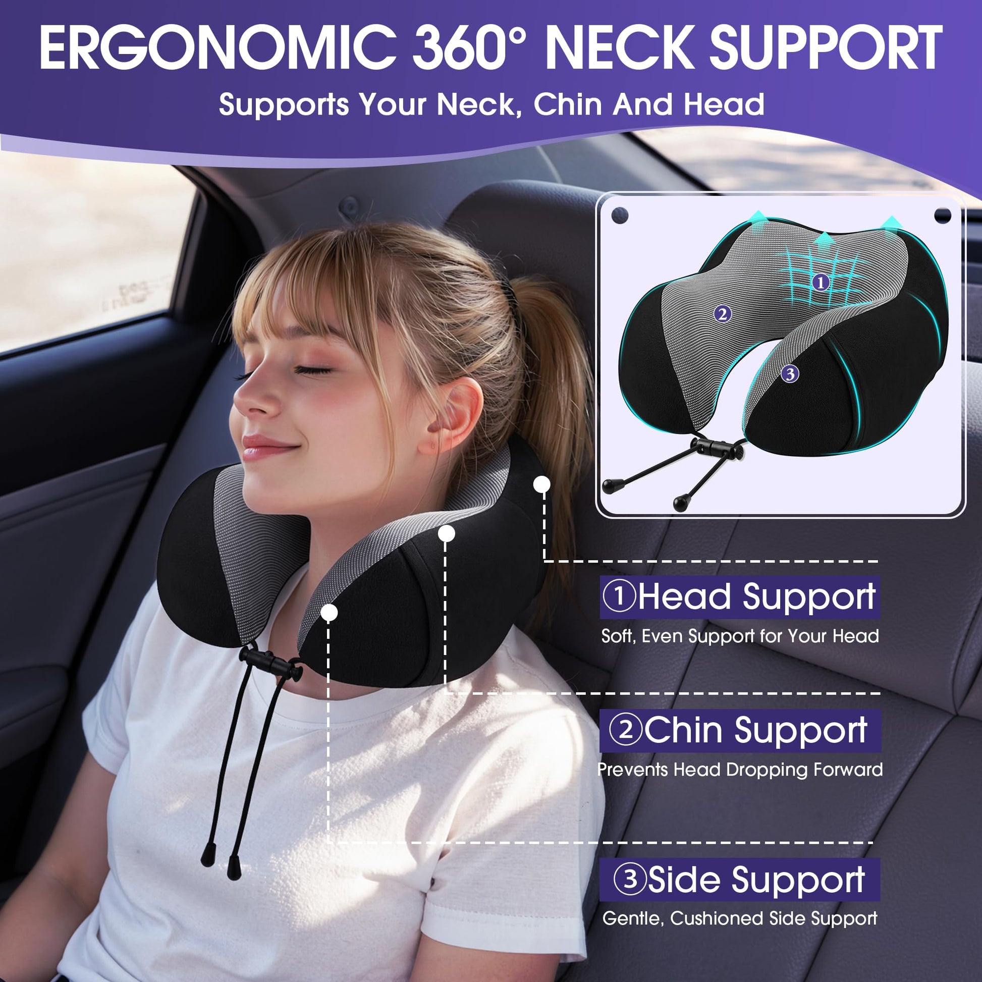 CloudBliss Neck Pillow for Airplanes, Memory Foam Travel Pillow, Black