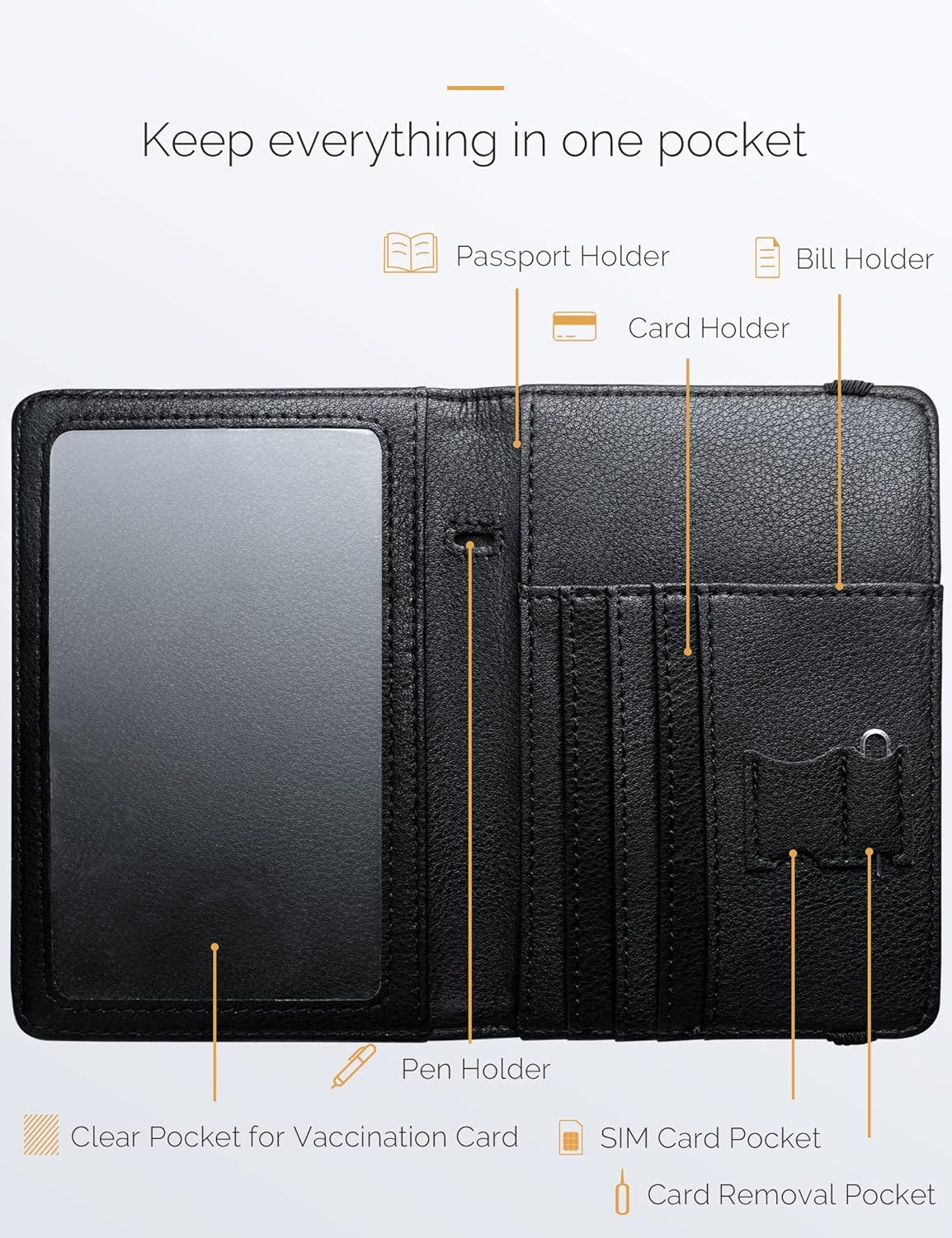 Mymazn Black Passport Holder Passport Wallet with Clear Pocket Passport and Vaccine Card Holder