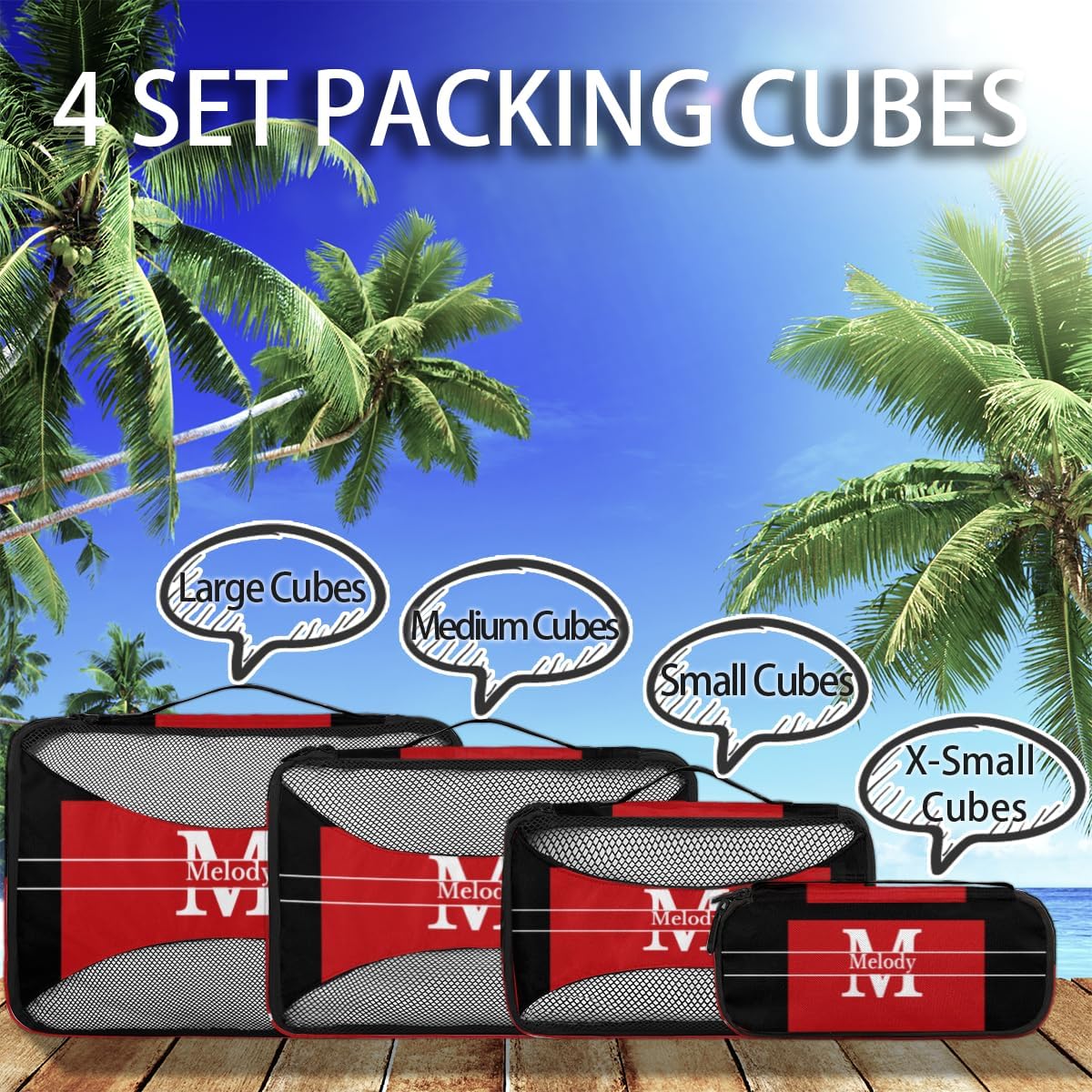 4pc Personalized Name Packing Cubes for Travel - Luggage Packing Organizers - Travel Packing Cubes for Suitcases, Red with Black, Initial Letter