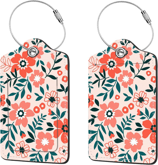 2 Pcs Luggage Tags for Suitcase, Cute Unique PU Leather Travel Bag Tag with Privacy Cover ID Label Address Card and Durable Metal Ring Suitable for Men Women Children Backpack,Orange Flowers