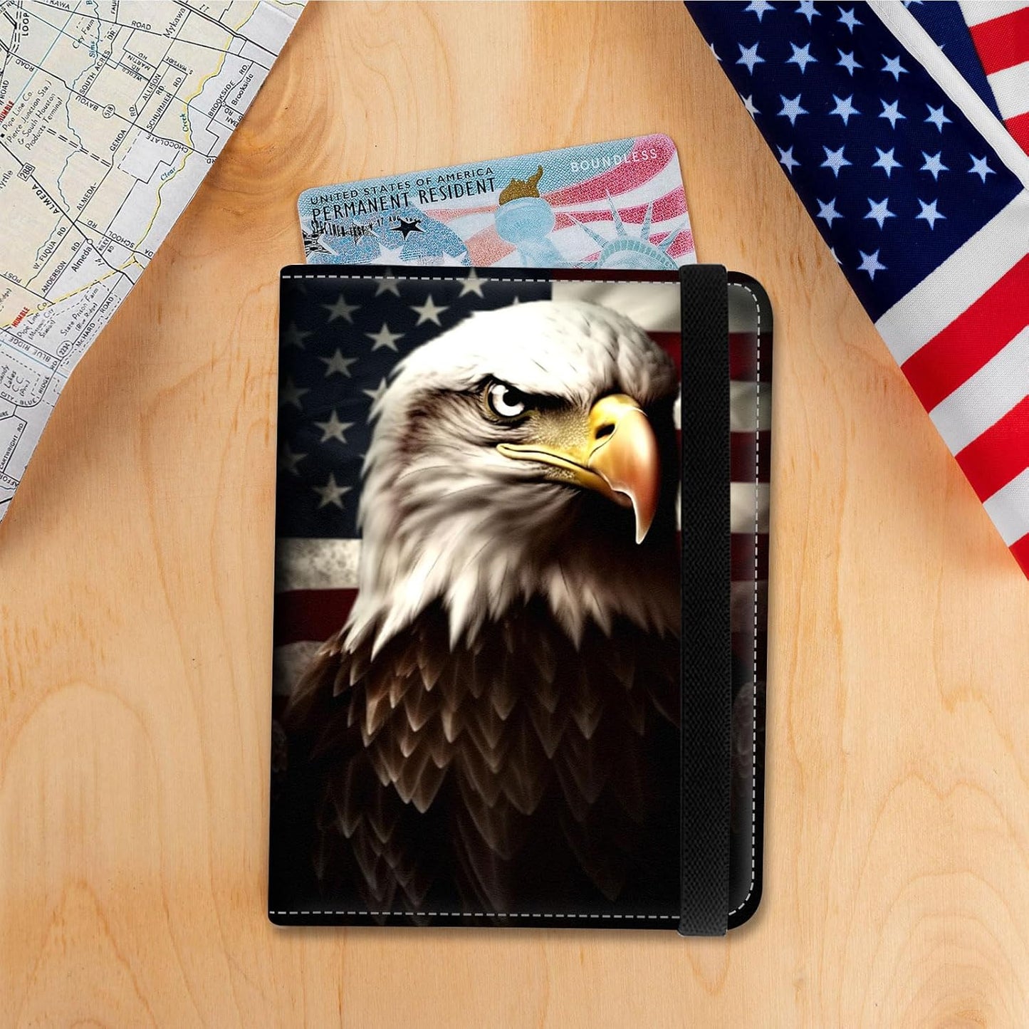 Passport Holder Cover Wallet Travel Essentials RFID Blocking Case Leather Passport Cover Wallet Vaccine Card Slot Organizer for Men Women, Flag Eagle