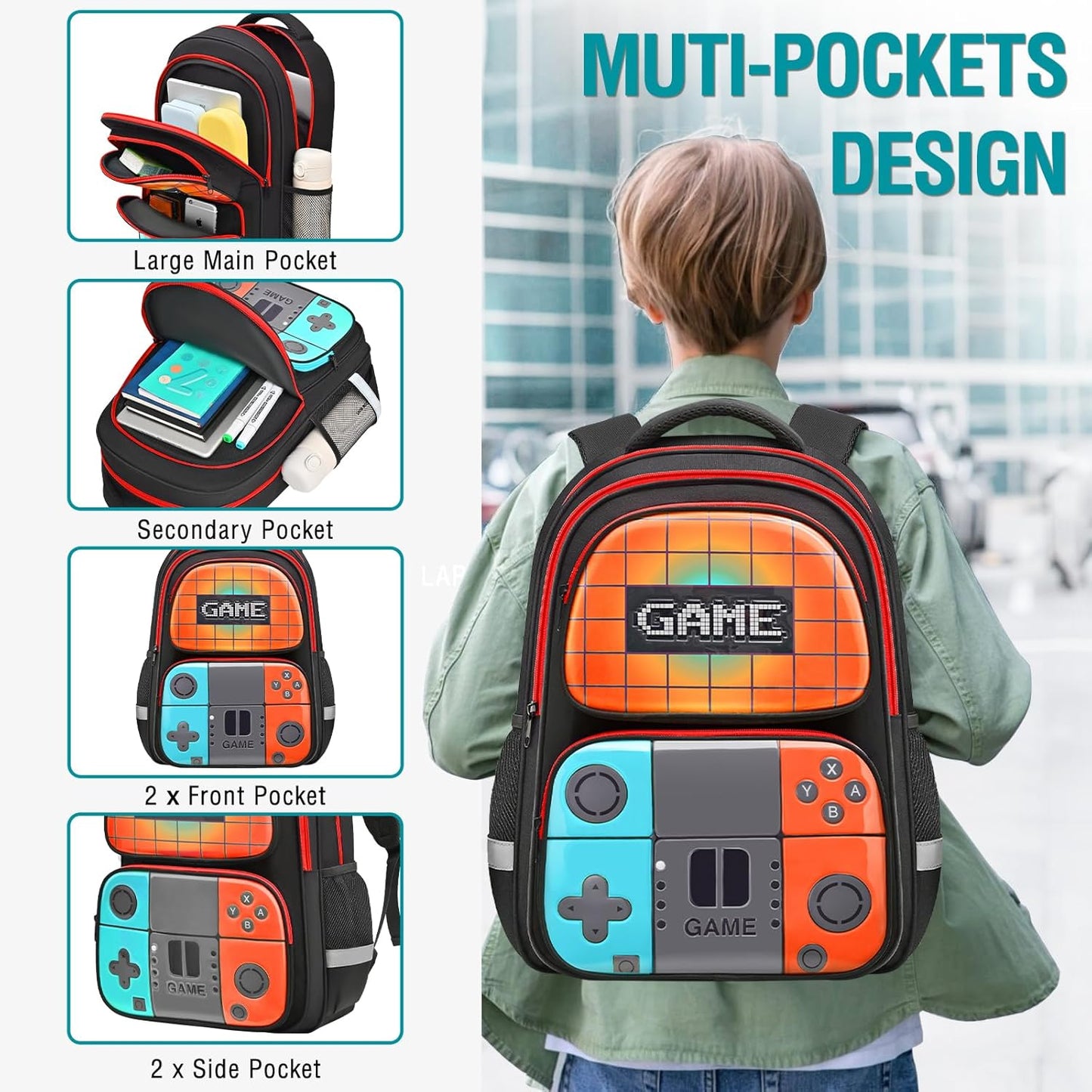School Backpack For Boys,Gamer Kids Backpack For Elementary Middle School Student Age 6-14,17″ Video Game Bookbag For Laptop