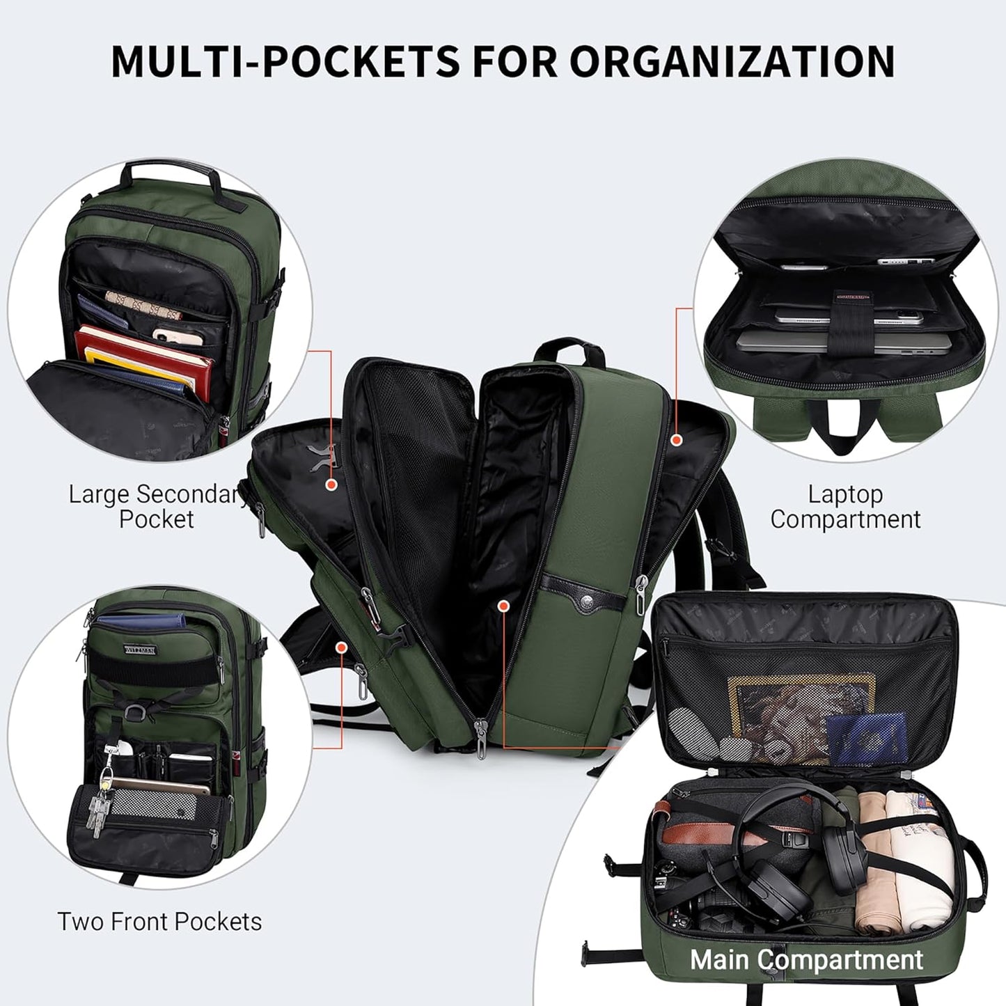 WITZMAN Carry On Travel Backpack for Men Large Convertible 45L Fit 17 Inch Laptop Backpack 3 in 1 Bag for Airline Approved(B688 Army Green)