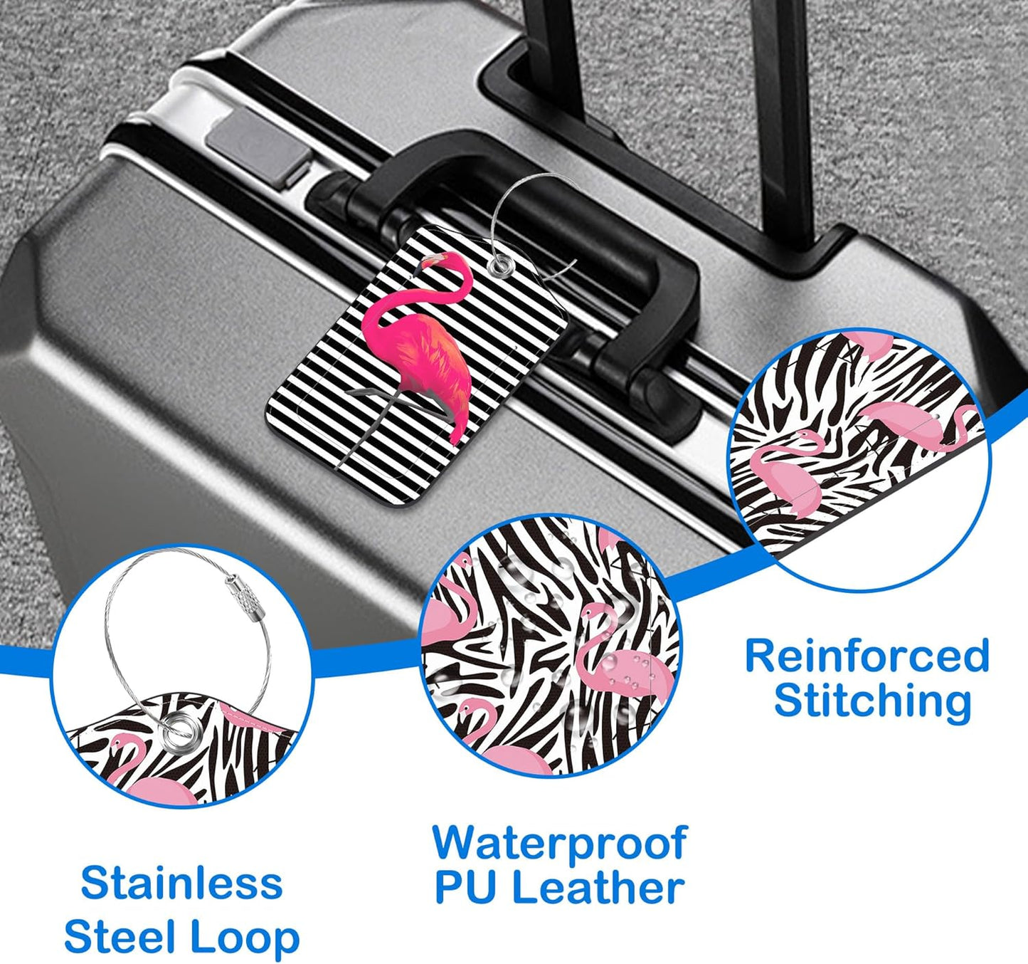 2 Pack Pink Flamingos Luggage Tags PU Leather Suitcase Tags with Stainless Steel Loop Privacy Cover ID Label for Women Men Travel Bag Accessories
