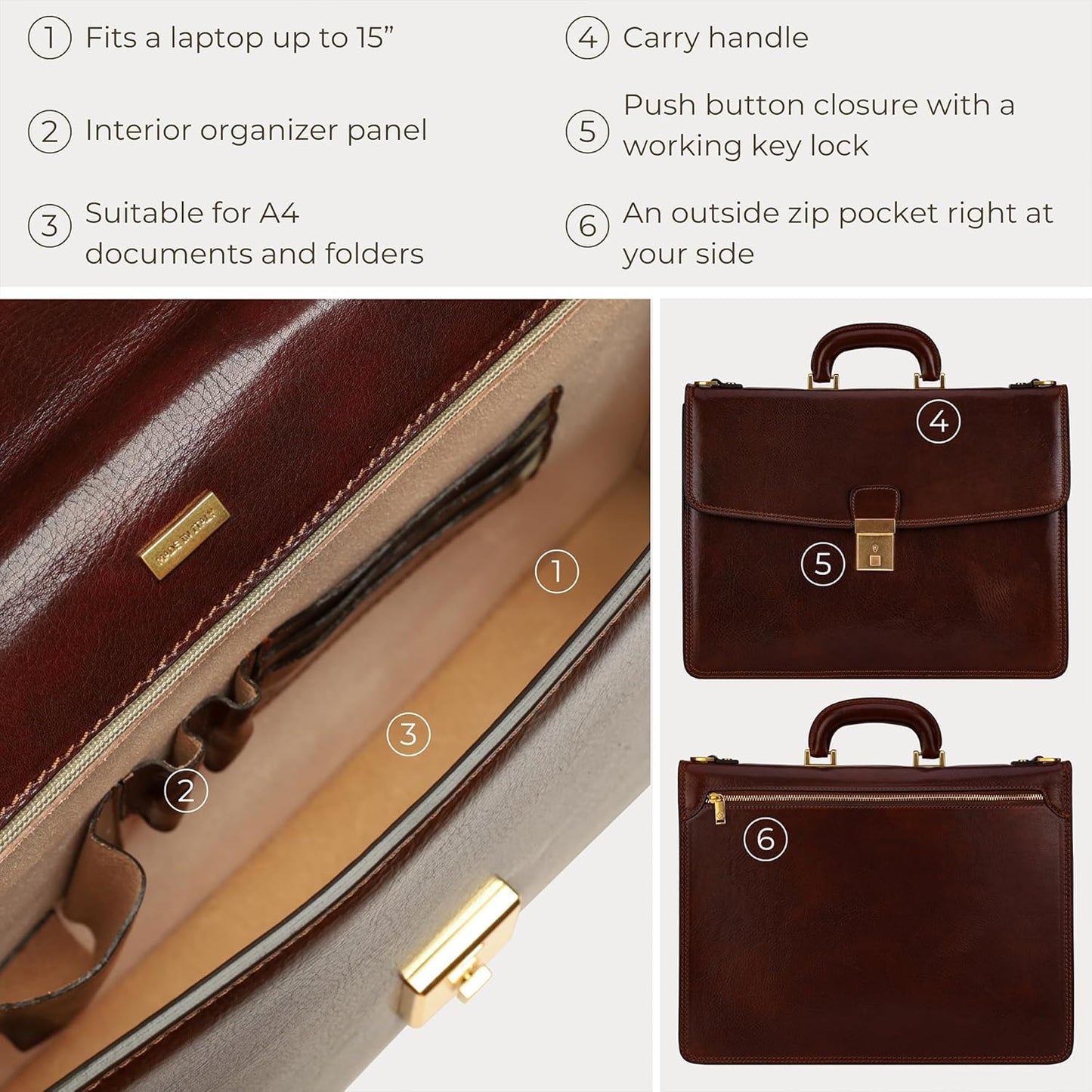Time Resistance Leather Briefcase - Italian Handmade Leather Laptop Bag - Handbag for Men - Professional Computer Case